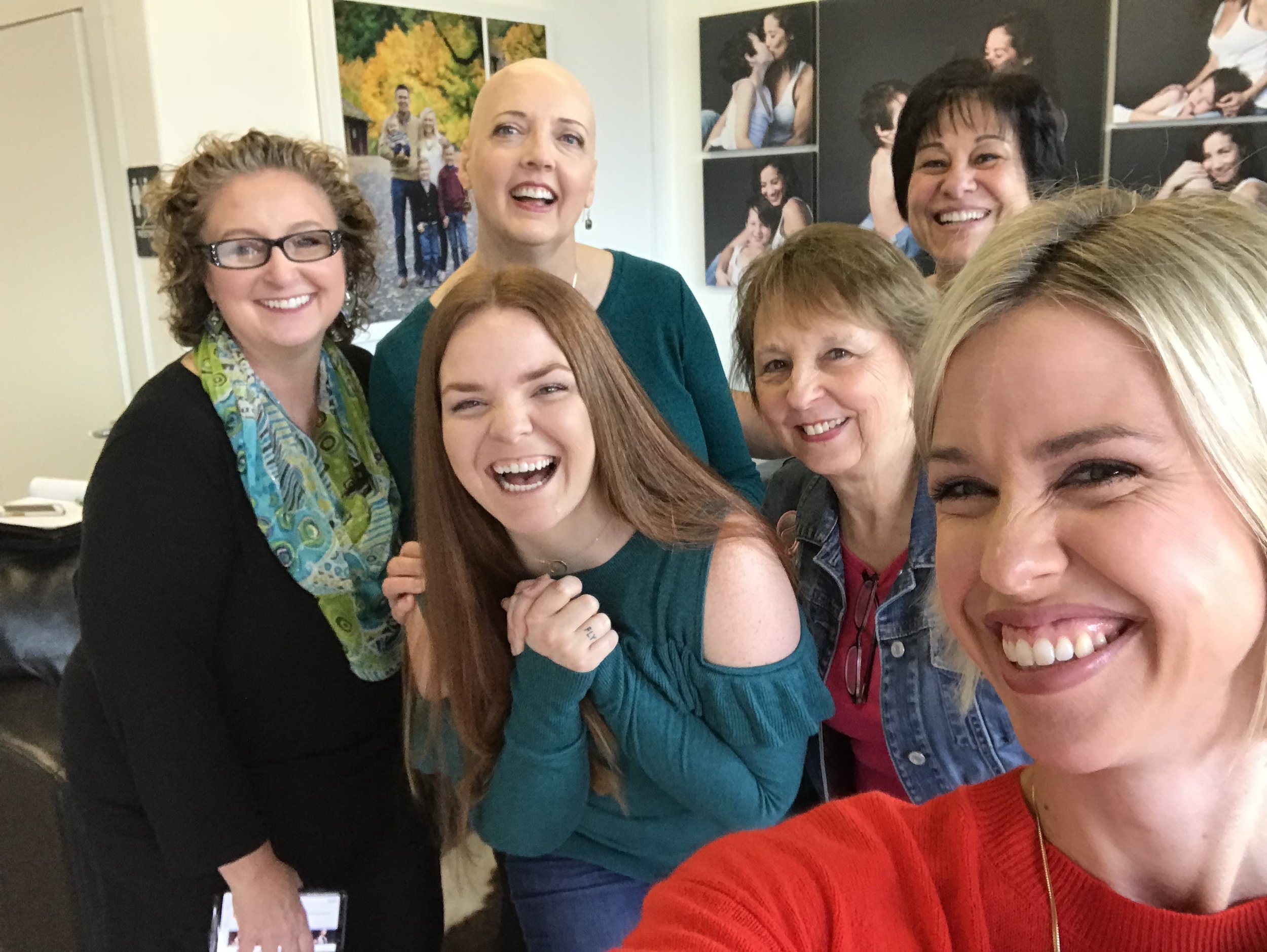 Left to Right: Tracy Shultz Hair and Makeup Artist, Melissa our Beautiful Honoree for the Day, Myself Christine Yodsukar, Ginger Deborde Community Ambassador of Breast Friends, Linda Adams Voluntee of Breast Friends, Sally Showman of Heartprint Productions.