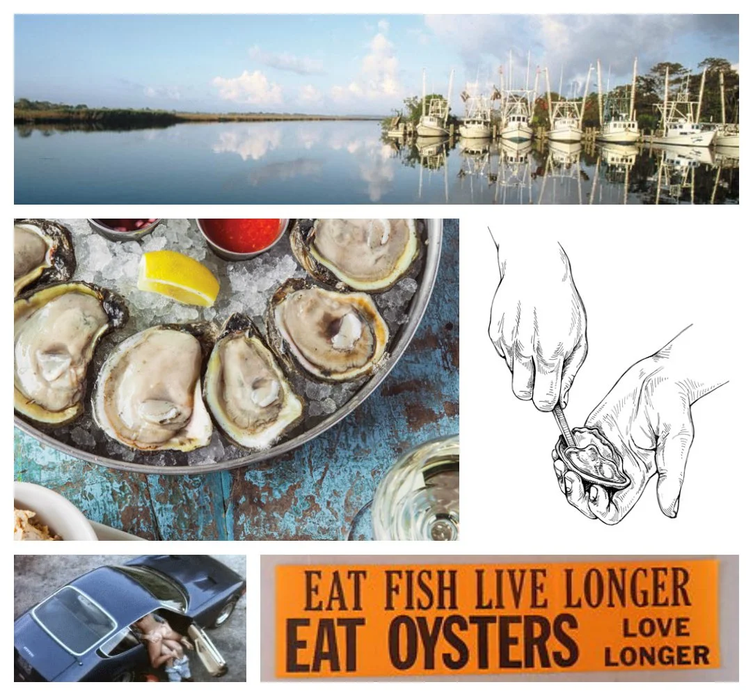 Collage from More Salt, More Acid featuring Louisiana oyster boats, raw oysters on ice, an oyster-shucking illustration, and vintage “Eat Oysters” signage, created for Cochon Butcher’s 2015 holiday zine.