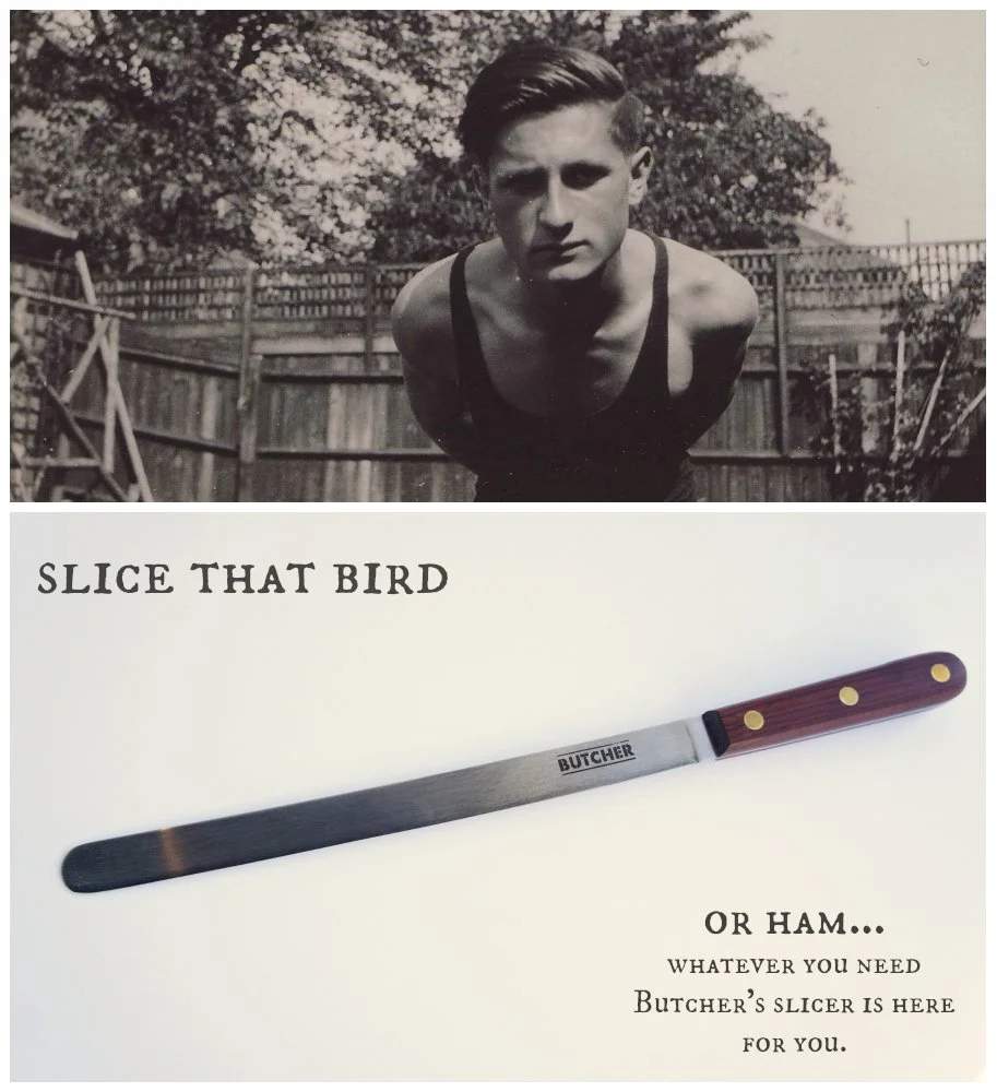 "Slice That Bird” collage from More Salt, More Acid, combining vintage turkey imagery, knife references, and dark holiday humor for Cochon Butcher’s 2015 zine.