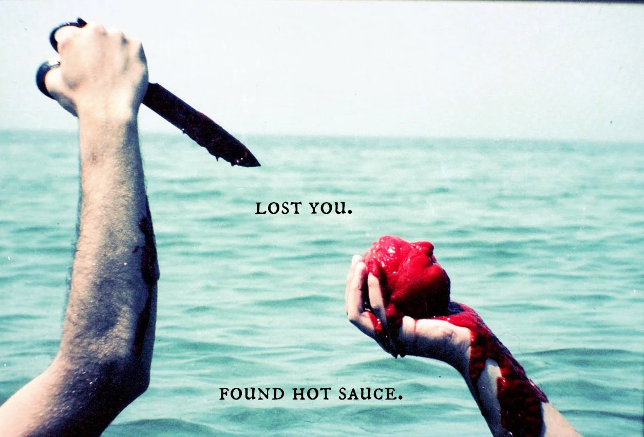 “Lost You. Found Hot Sauce.” image from More Salt, More Acid, pairing vintage-style imagery, Cochon Butcher hot sauce, and the dark holiday humor of the 2015 zine.
