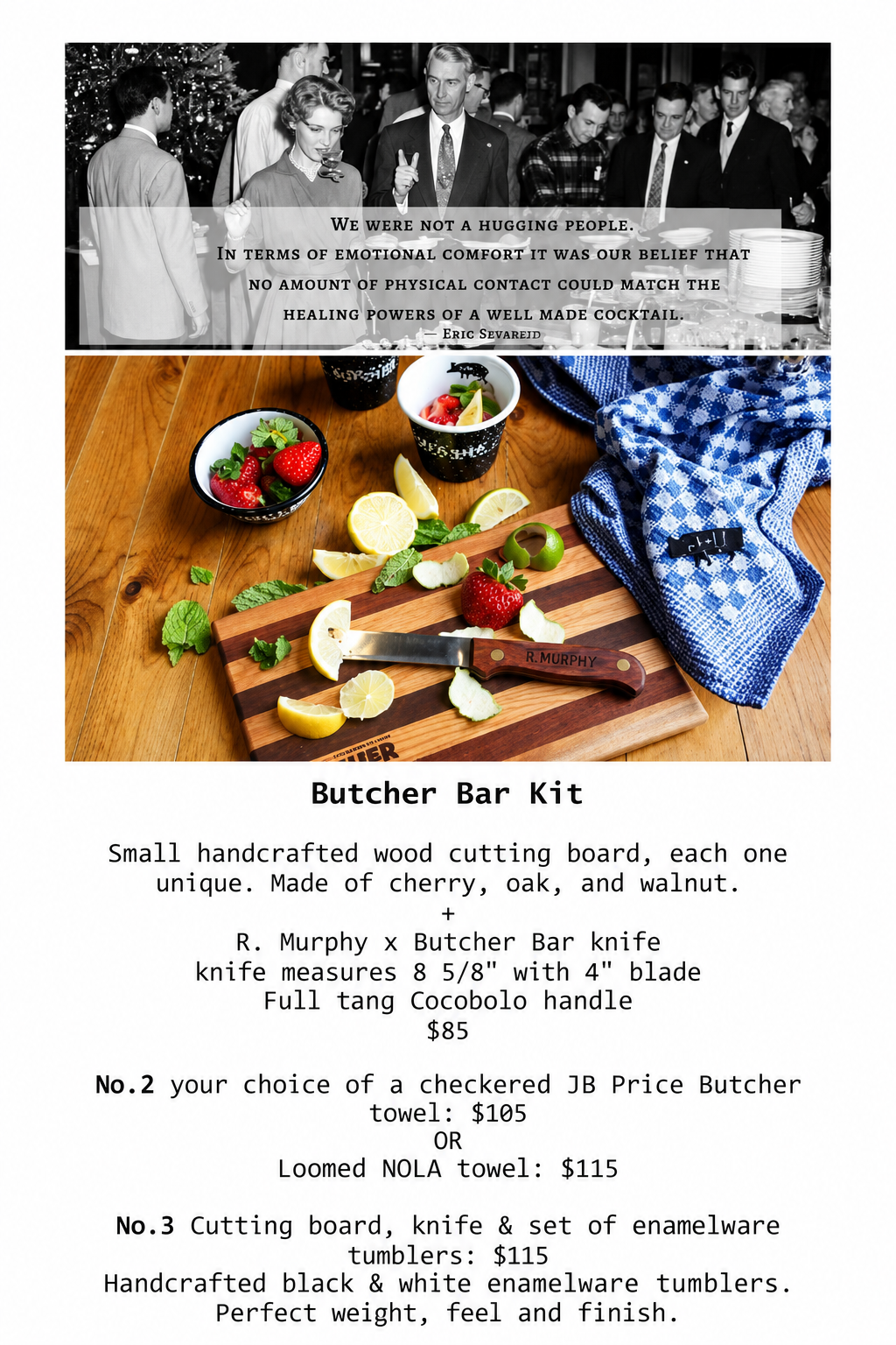 Zine catalog page for the Cochon Butcher Bar Kit, featuring a wooden cutting board, knife, towel, enamelware, and product details.