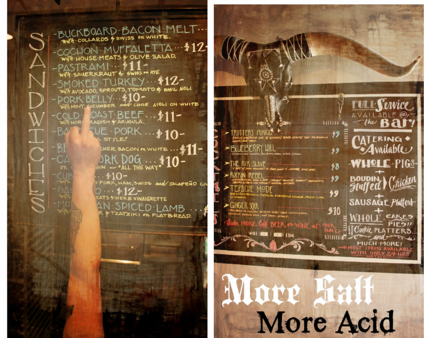 Cover spread of More Salt, More Acid, a Cochon Butcher holiday zine featuring the restaurant’s handwritten menu boards, bar signage, longhorn decor, and darkly playful visual identity.
