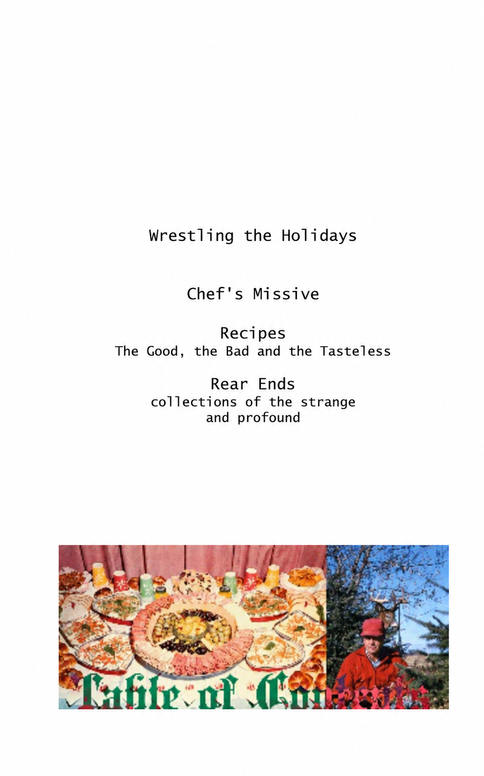 able of contents page from More Salt, More Acid, the 2015 Cochon Butcher holiday zine, introducing Wrestling the Holidays, Chef’s Missive, recipes, and irreverent holiday imagery.