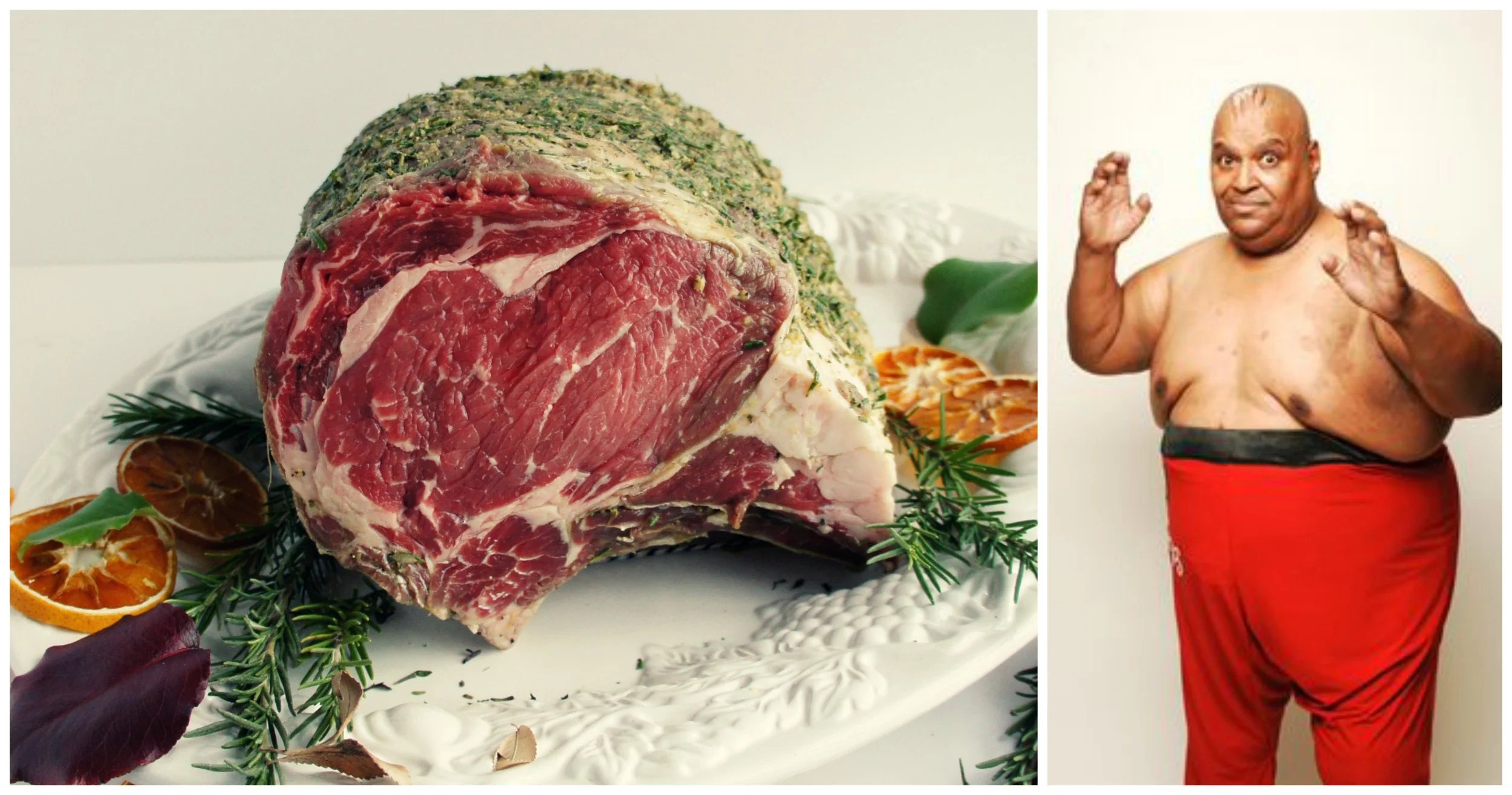 Cochon Butcher rib roast displayed beside a vintage-style image of wrestler Abdullah the Butcher from More Salt, More Acid, 2015.