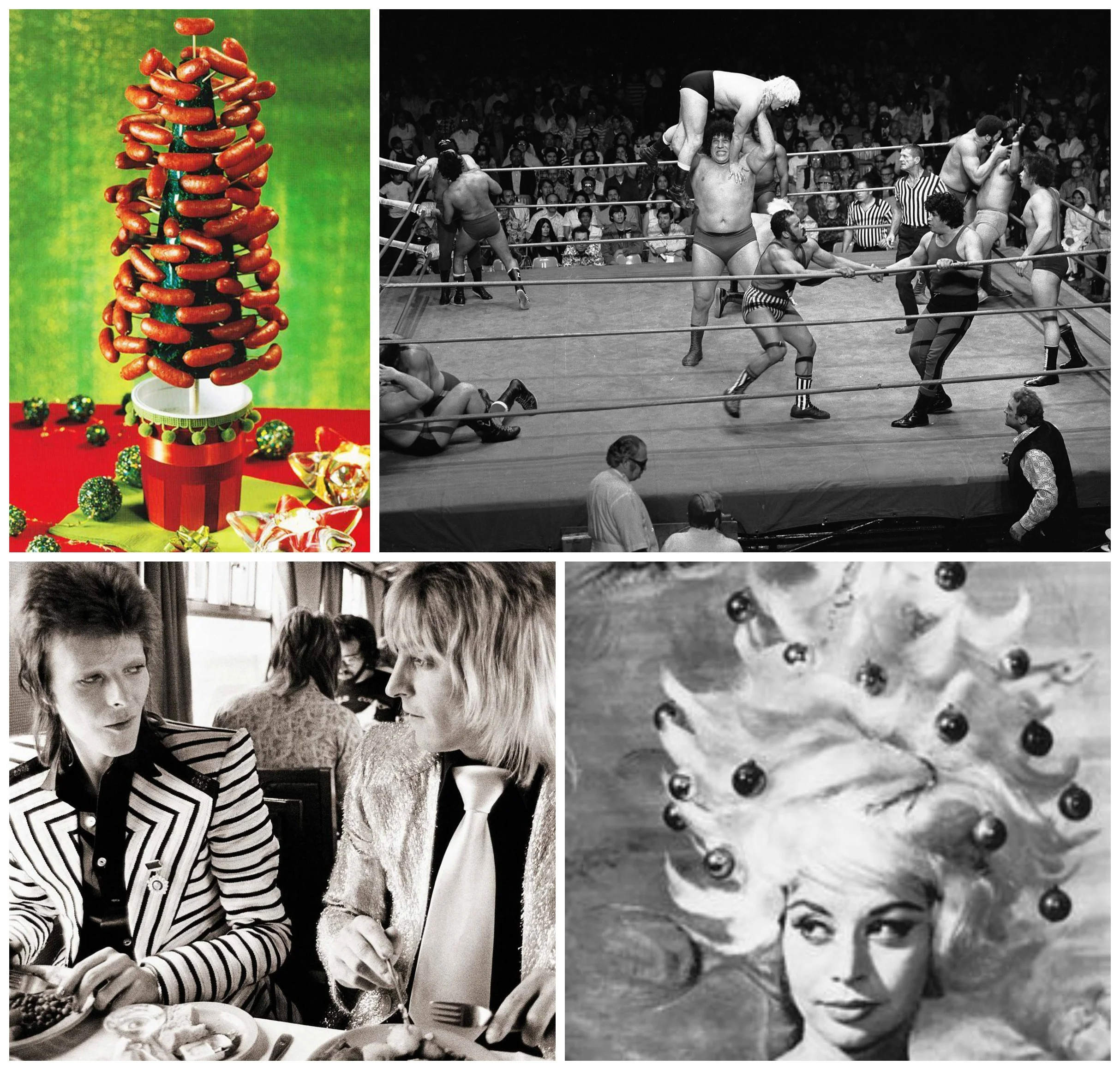 Four-panel holiday collage featuring a red-and-green Christmas tree made of sausages, a black-and-white wrestling scene, two men seated at a table, and a woman with Christmas ornaments in her hair.
