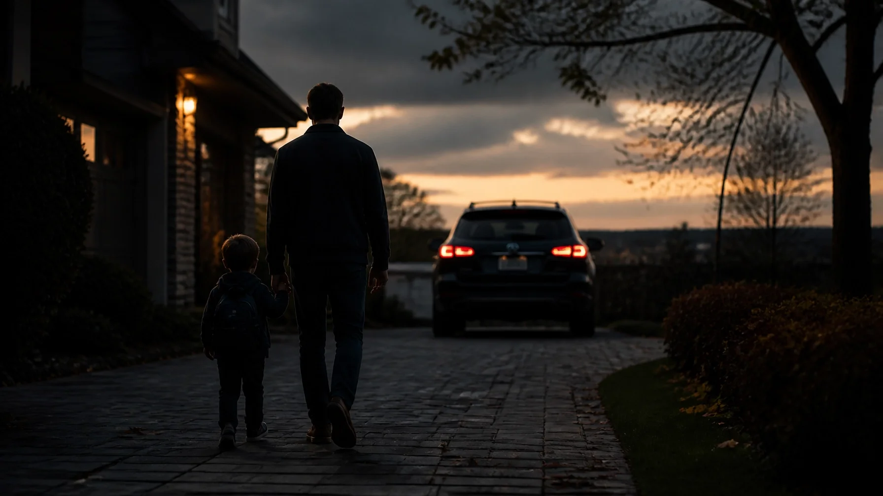 A parent and child walking toward a car at dusk, representing parenting exchanges and travel in Ontario family law.