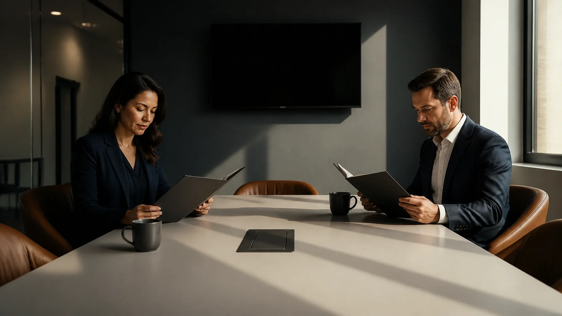 Couple reviewing legal documents during a high-net-worth separation consultation