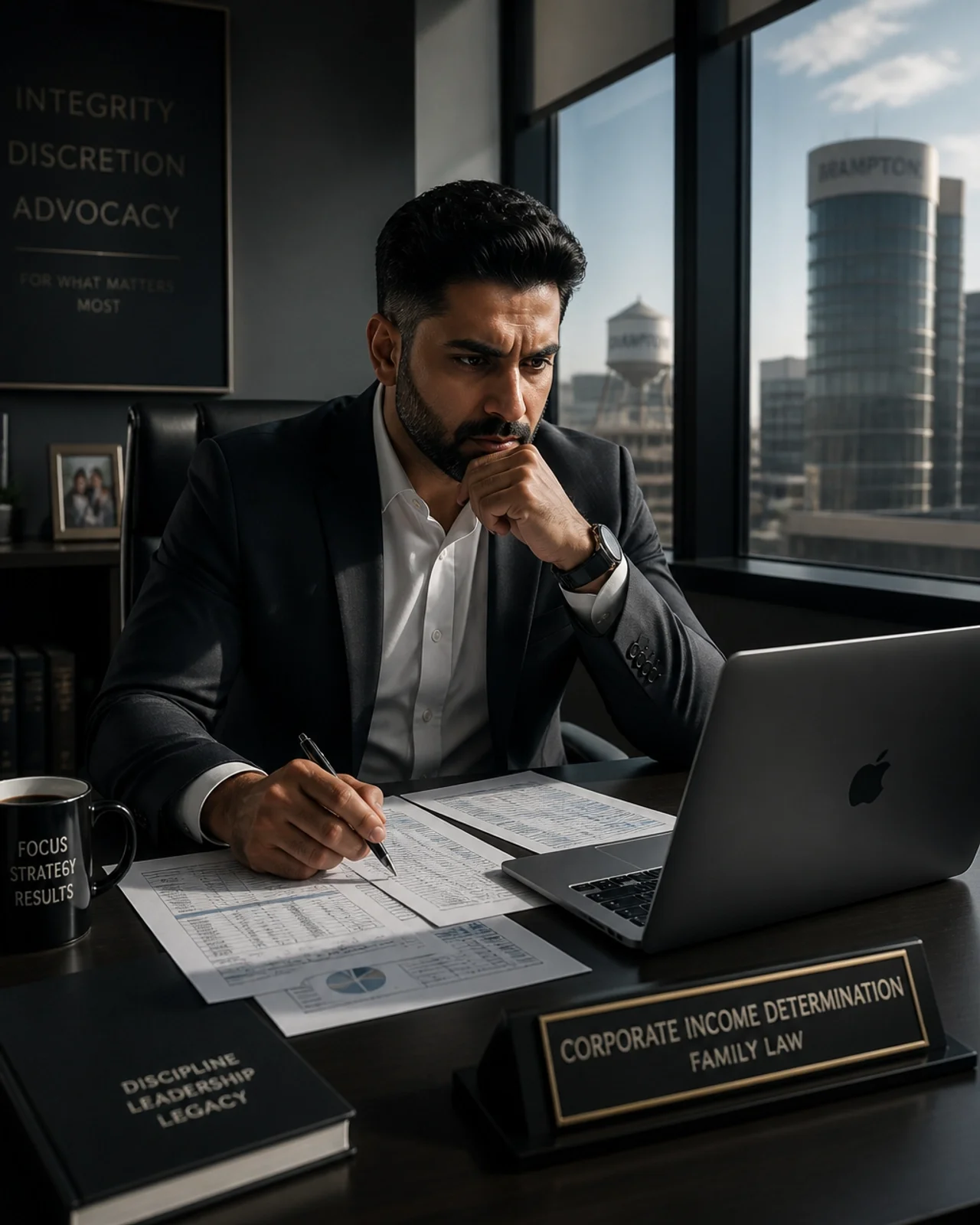 A professional lawyer at OMNI LAW GROUP reviewing complex corporate income determination papers for a family law case.