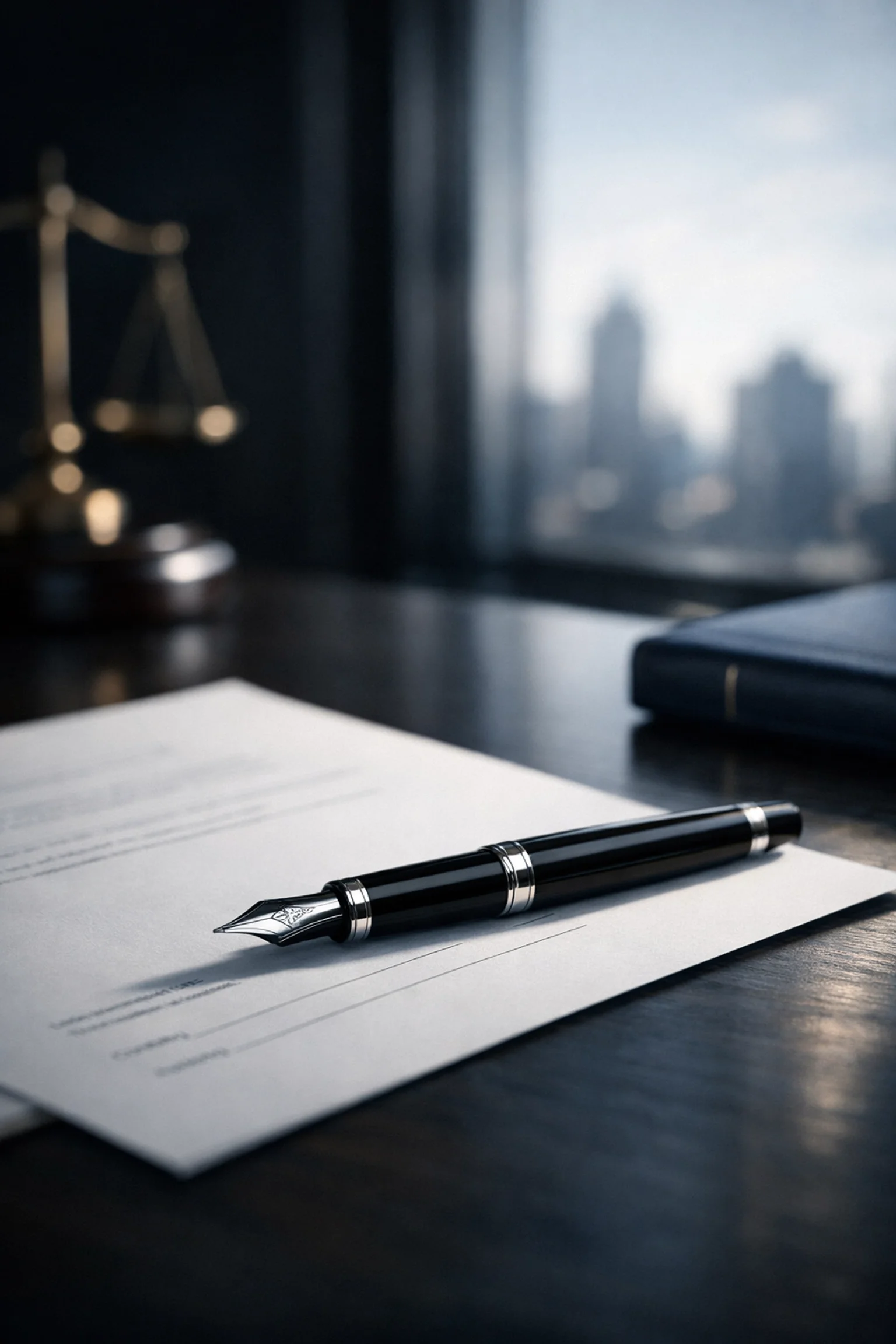 Legal documents and fountain pen for filing a simple divorce in Brampton.