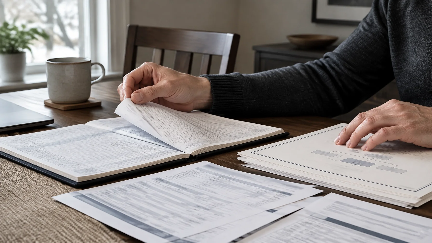 A person reviews financial records and company documents at a table