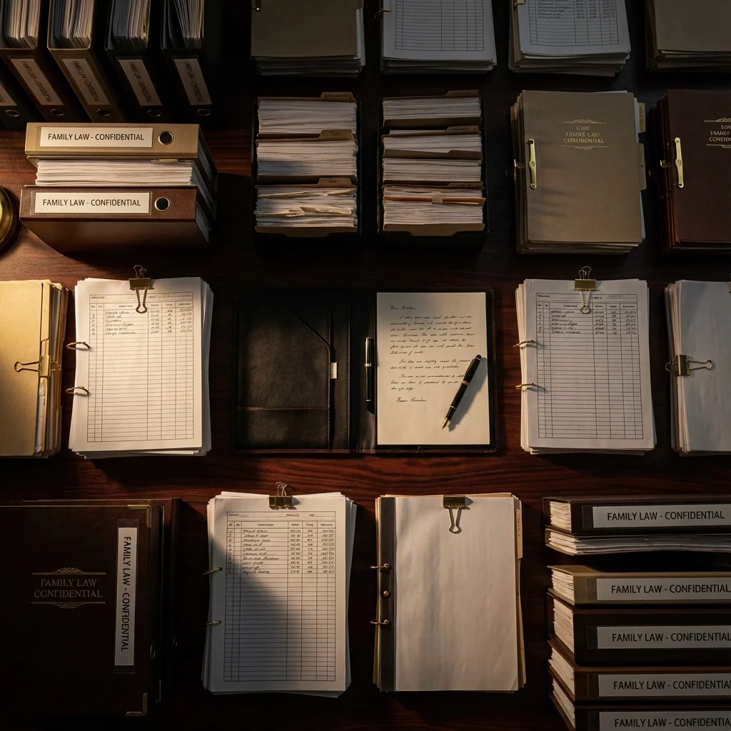 Family law client organizing important documents for custody or support case while awaiting court date in Brampton