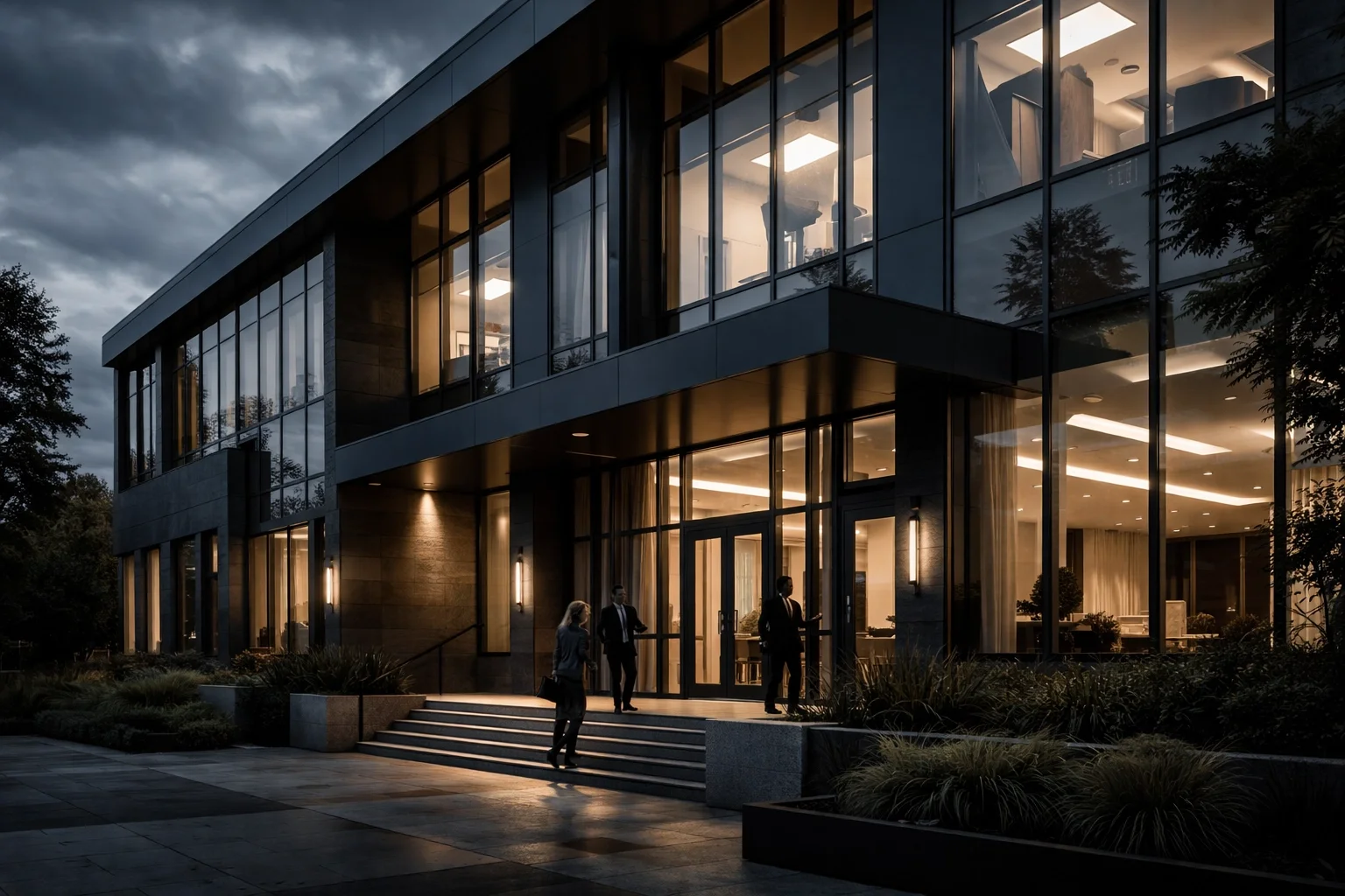 A refined architectural shot of the OMNI LAW GROUP office building with professional lighting and a sophisticated atmosphere.