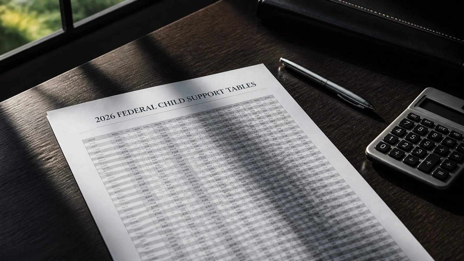 Printed 2025 Federal Child Support Guidelines tables, in force during 2026, on a desk at OMNI LAW GROUP