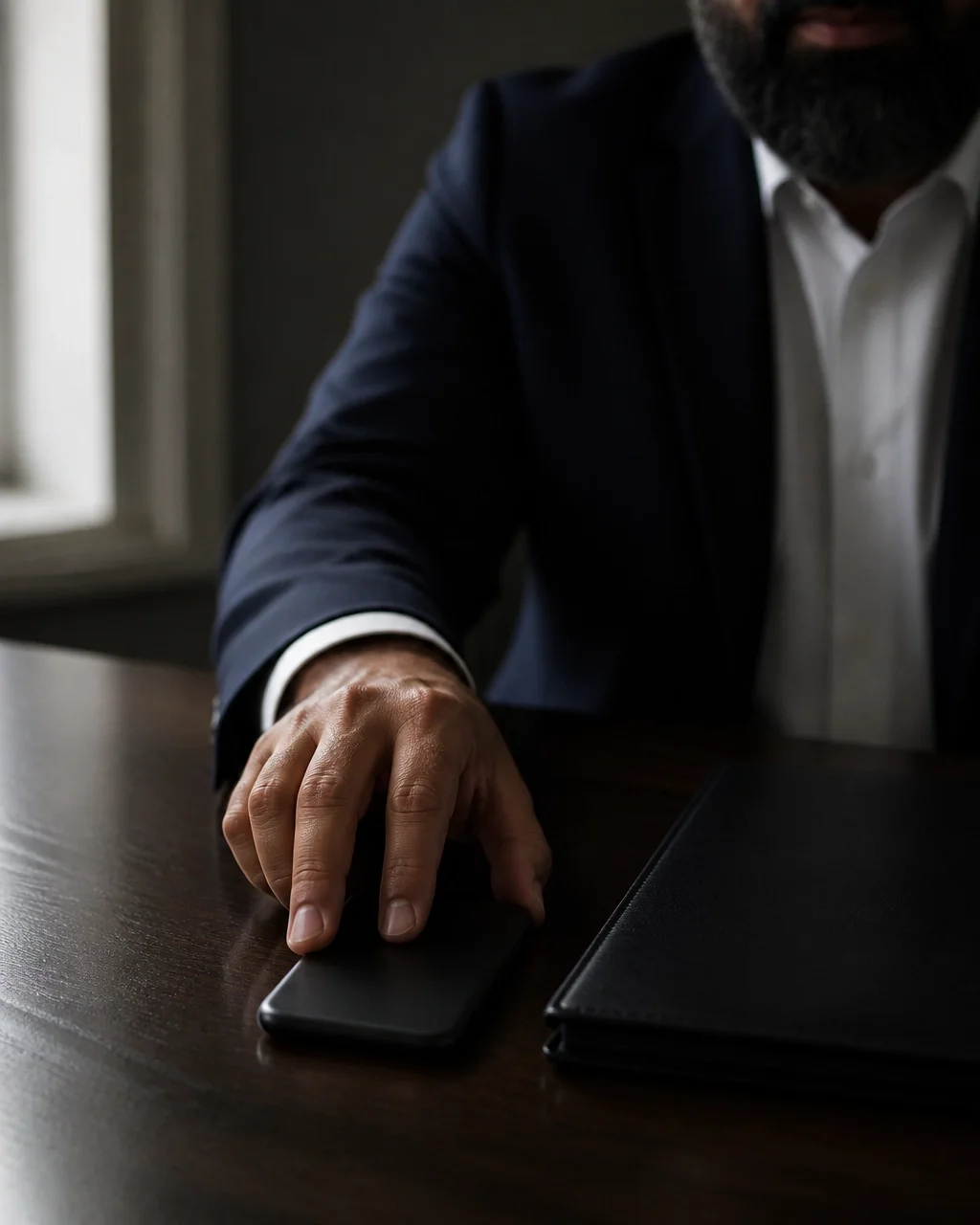 Smartphone placed face down beside a closed legal folder on a consultation table