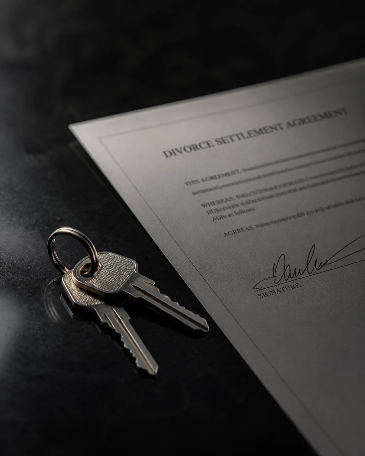 A pair of house keys resting on a signed 'Divorce Settlement Agreement' representing a final global settlement.