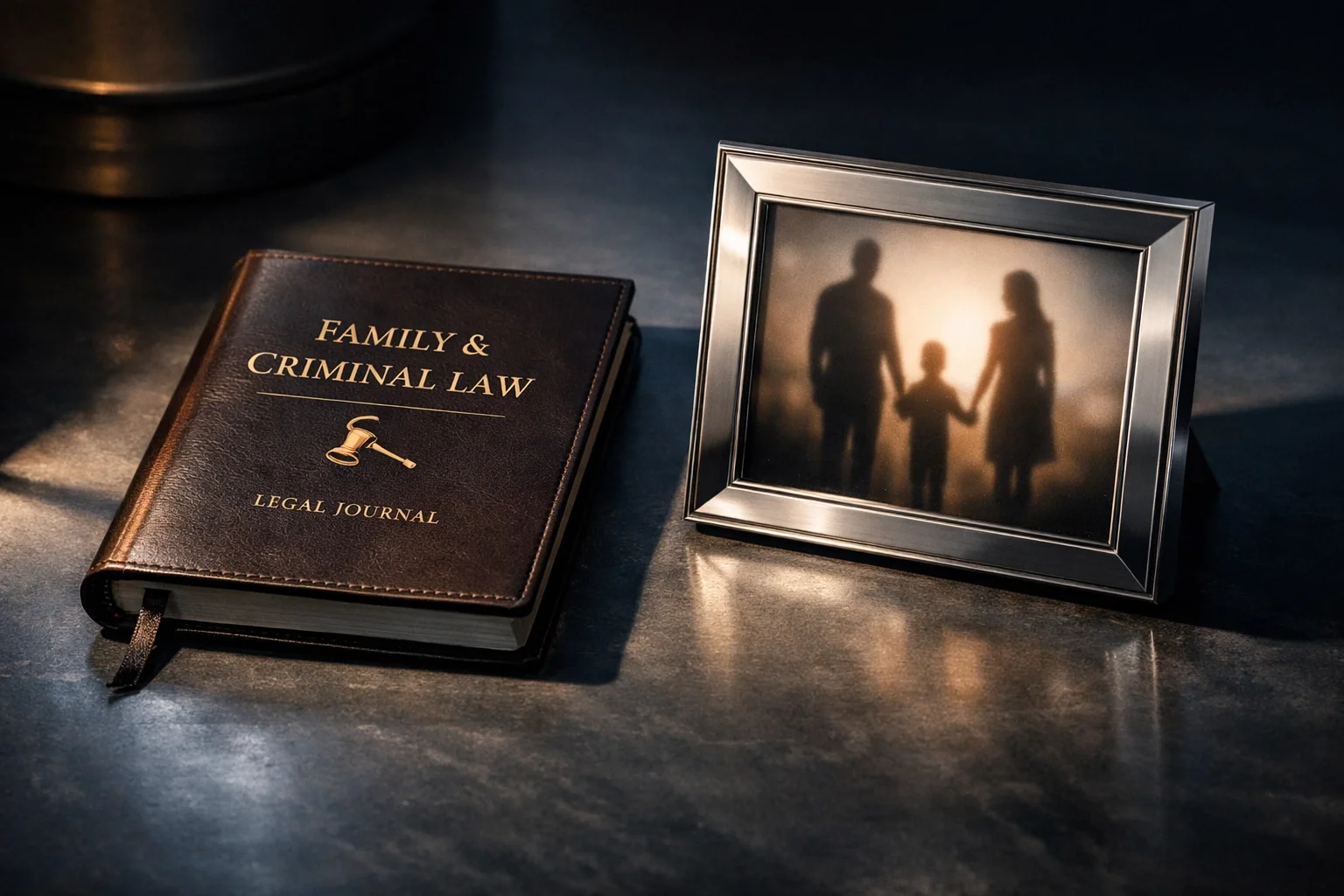Legal journal and family photo representing child custody and family law lawyer services in Brampton.