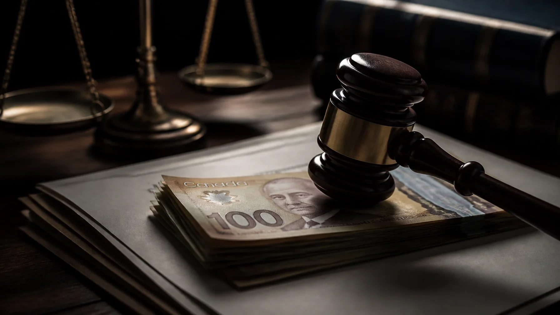 A moody courtroom setting with a judge's gavel resting on Canadian currency and legal documents, representing the financial consequences of imputed income in Brampton family law cases.