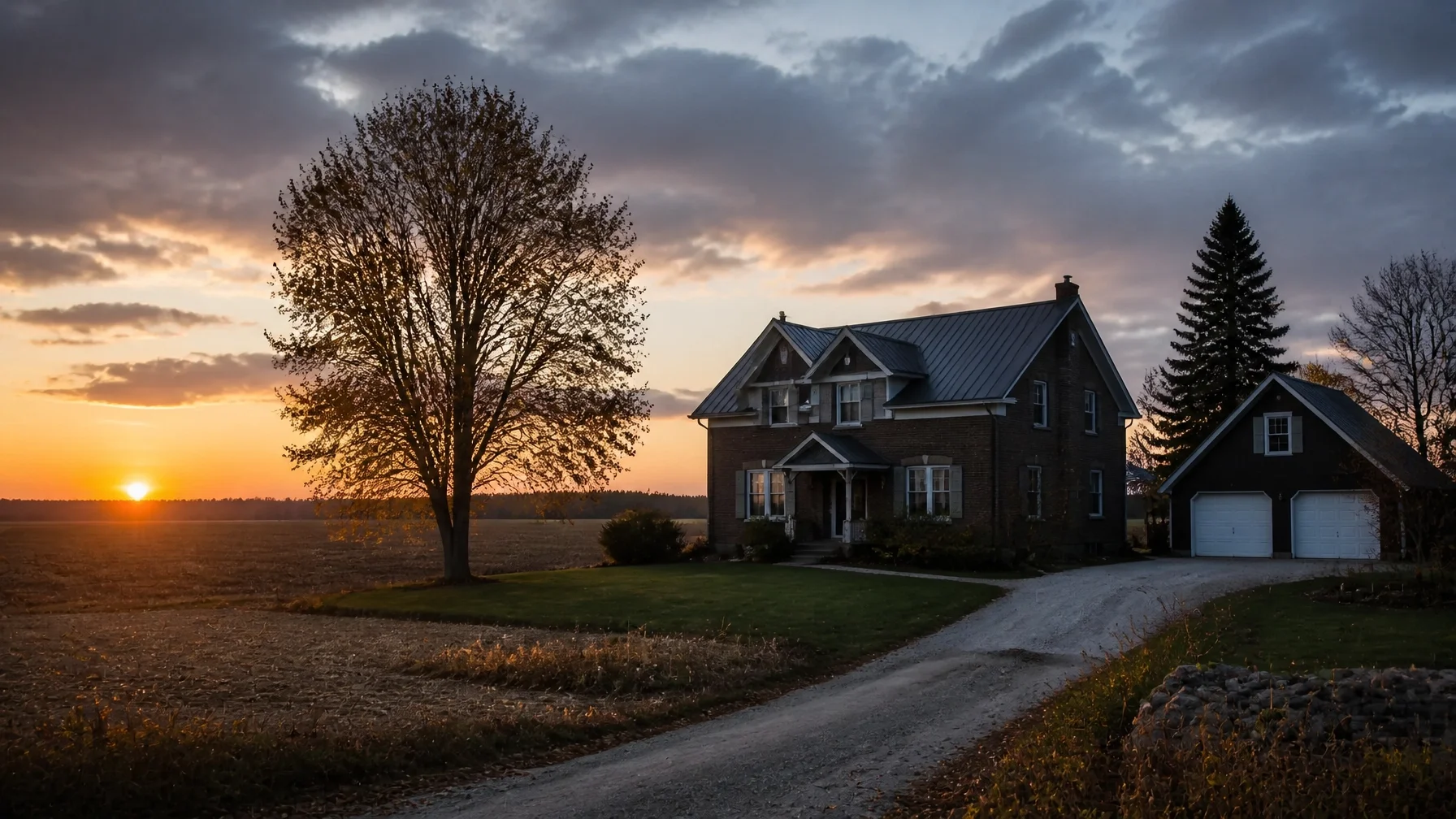 Rural Dufferin County farmhouse beside cultivated acreage at dusk, showing the distinction between a residence and farmland