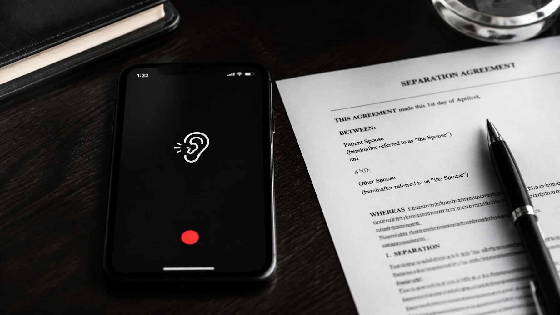 A smartphone on a dark wood desk next to legal documents, with an ear icon on the screen suggesting surreptitious audio recording, representing the risks of recording a spouse in Ontario family law.