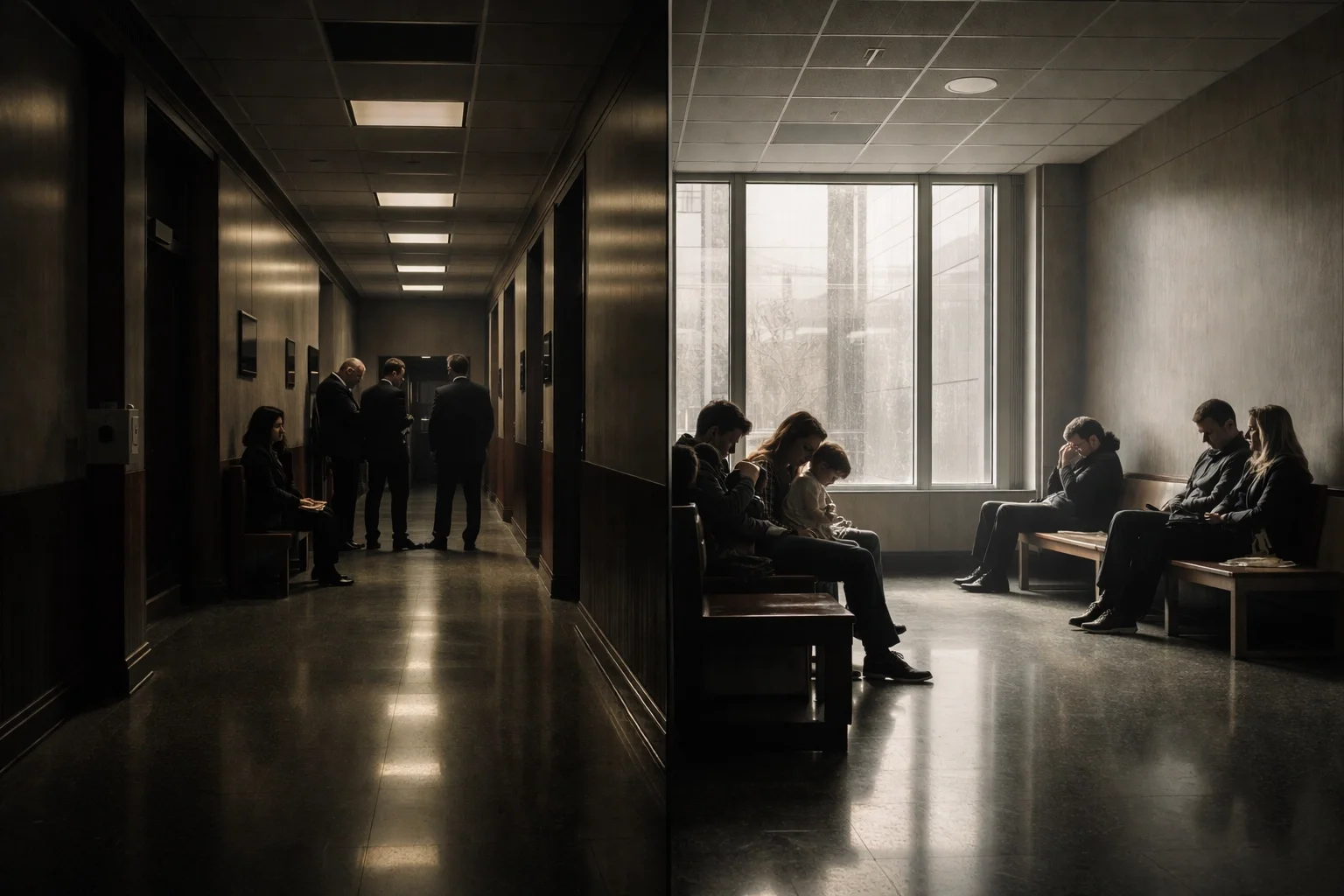 A dramatic, high-contrast image of a courtroom setting, symbolising the serious consequences of domestic assault charges on family law cases in Orangeville.