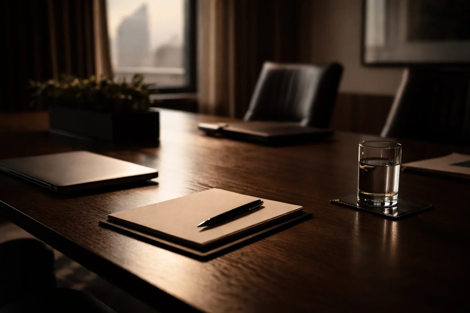A minimalist and professional meeting room at OMNI LAW GROUP, featuring elegant furniture and dramatic lighting to evoke trust and confidentiality.