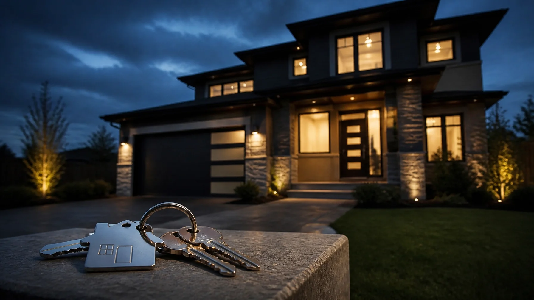 A modern Brampton home with a "For Sale" sign at sunset, symbolizing the high stakes of matrimonial property division.