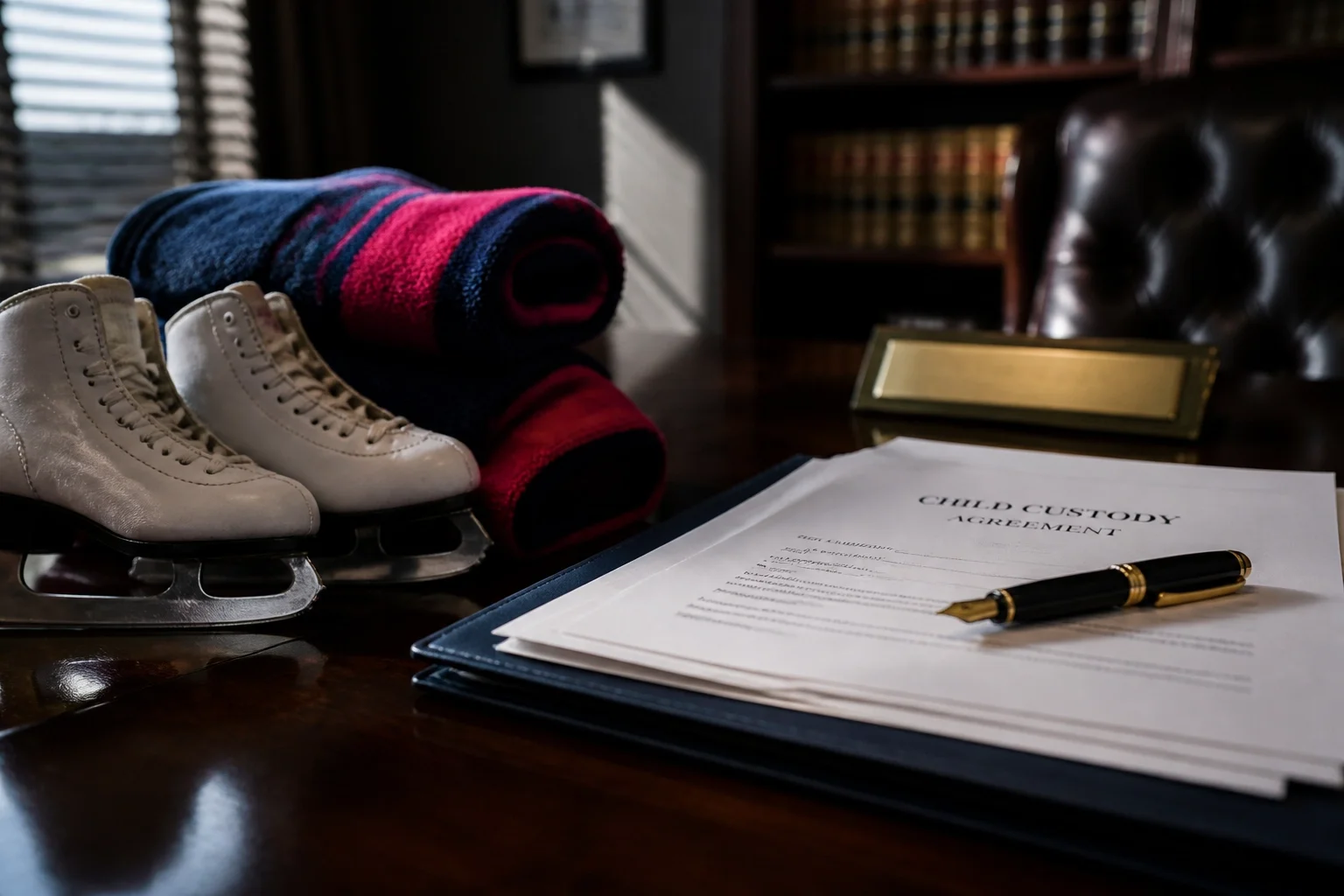 Ice skates on a desk representing family court disputes over sports.