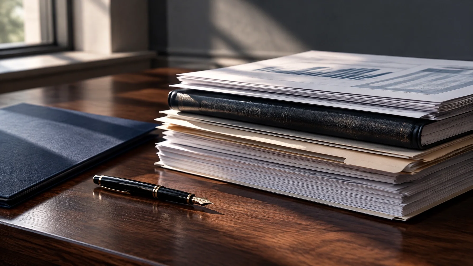 Financial records and a pen arranged on a dark desk, illustrating disclosure in an Ontario family-law case