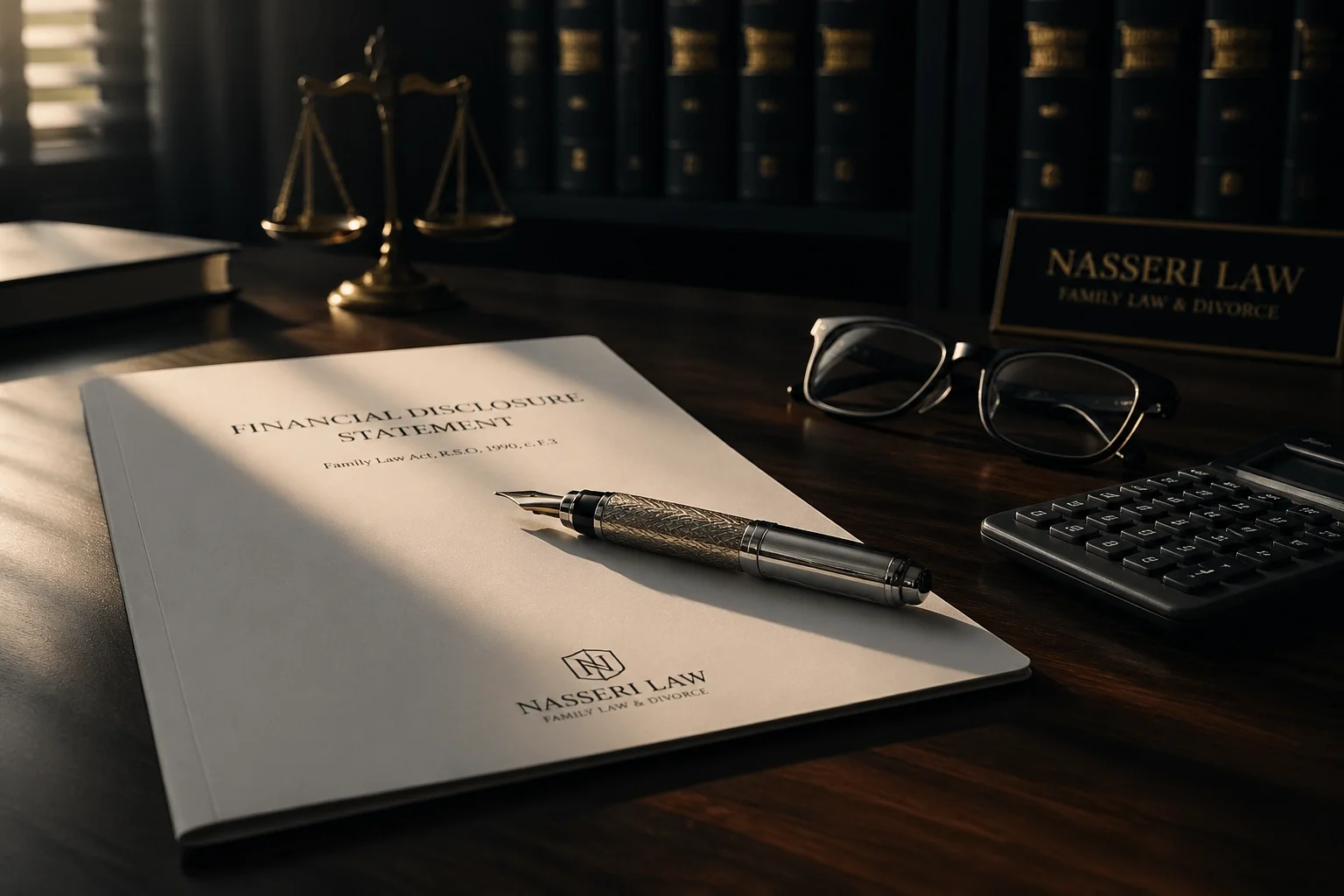 Legal documents and a calculator on a desk for Brampton family law income disclosure and support cases.