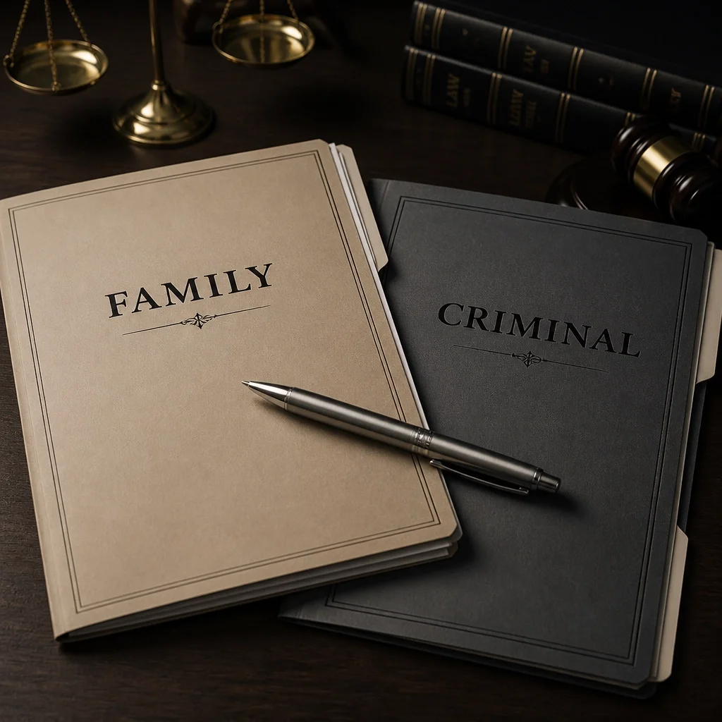 Two legal folders labeled 'Family Law' and 'Criminal Law' sitting together on a desk, representing the overlap between these legal practice areas.