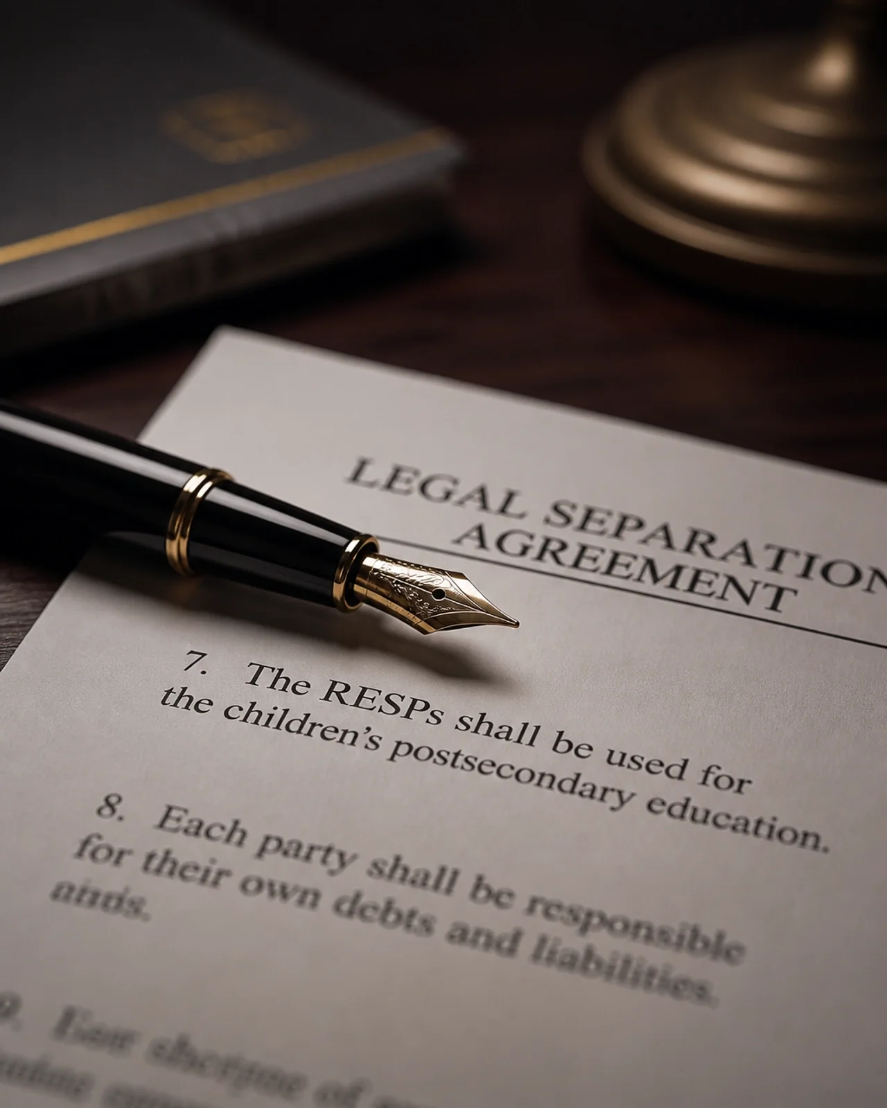 A fountain pen resting on a separation agreement highlighting the mandatory word shall