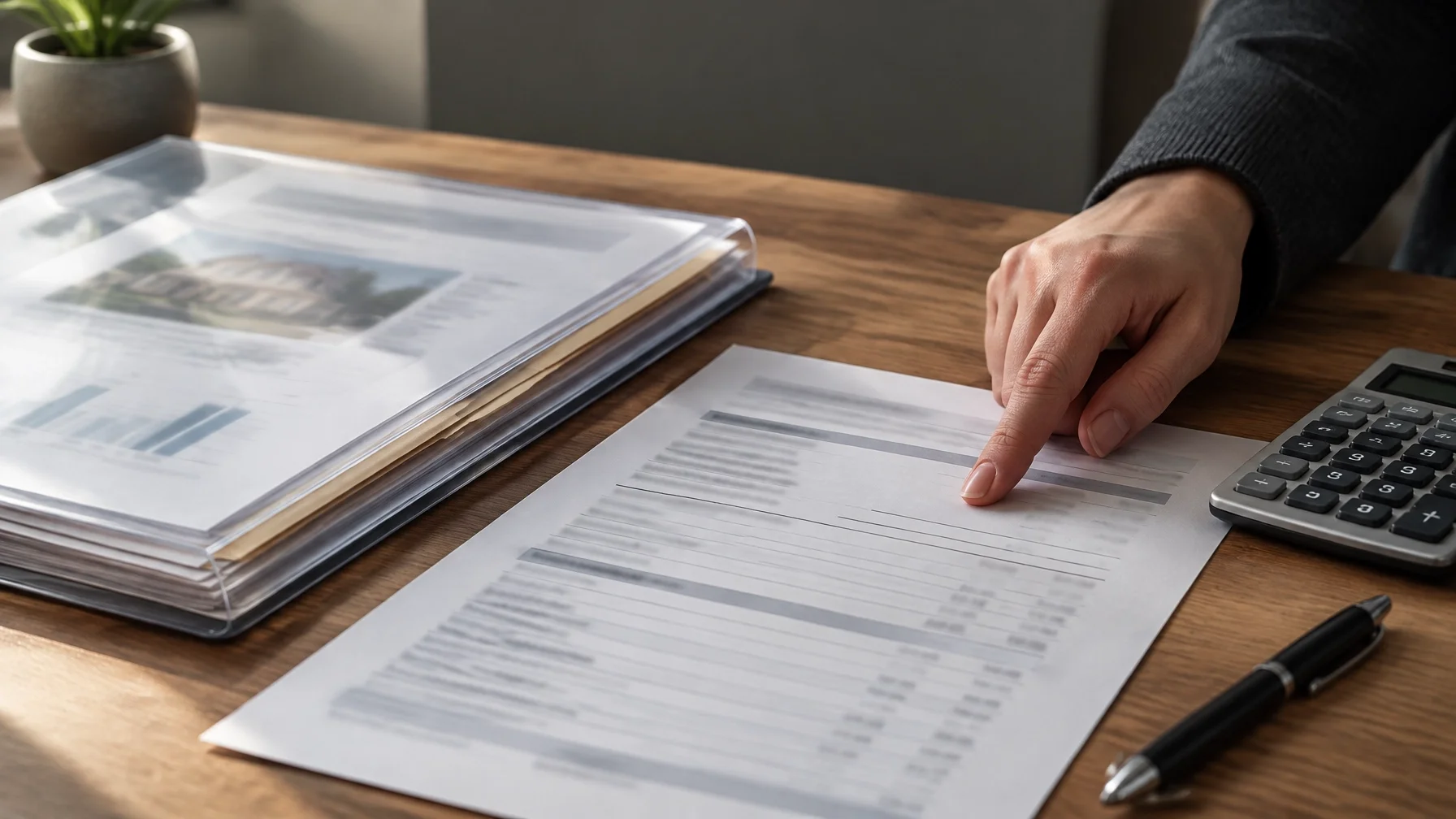 A hand reviews a financial statement beside a calculator and supporting records