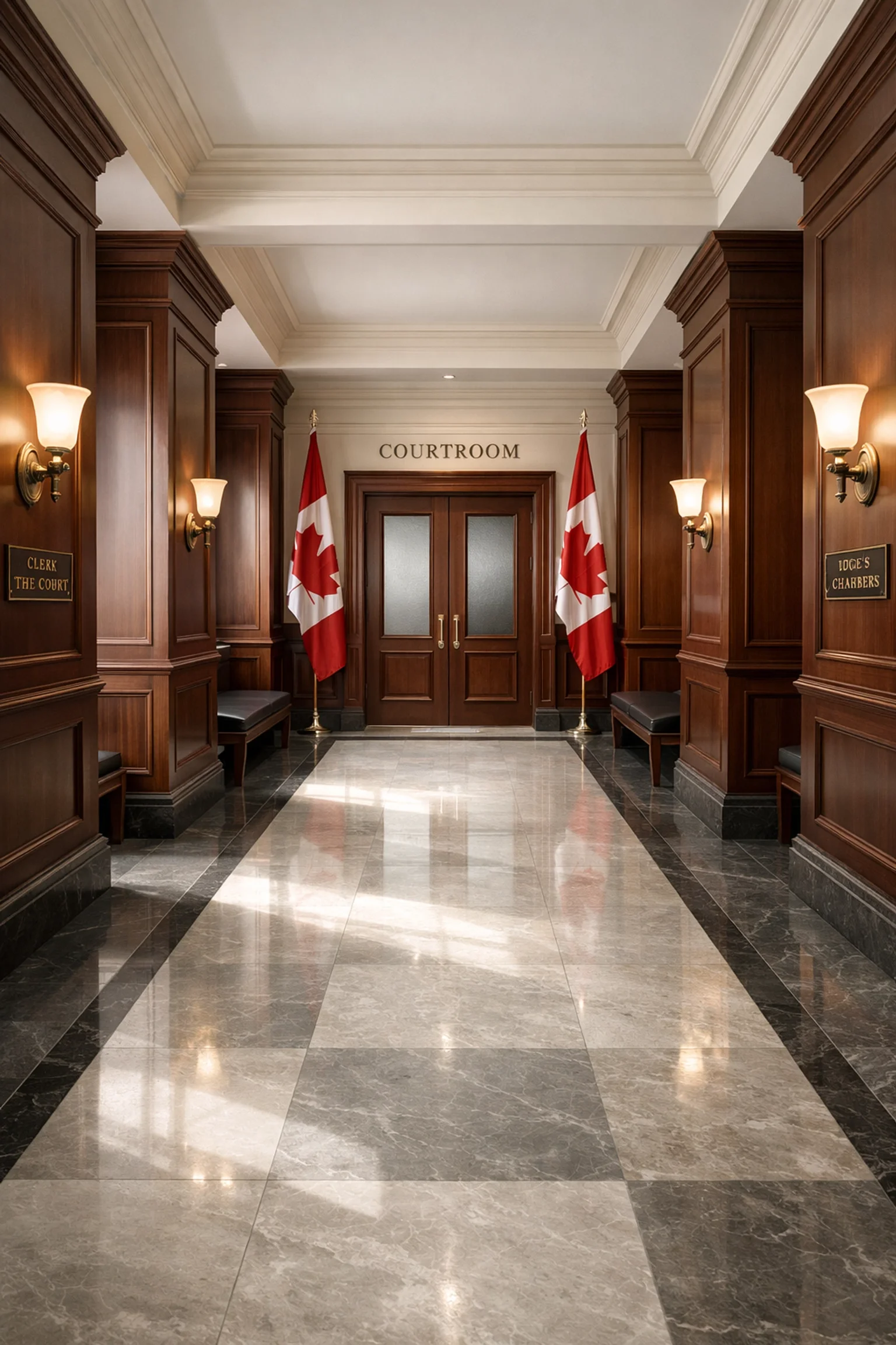 Interior of an Ontario courthouse where a family law lawyer Brampton handles complex international divorce filings.