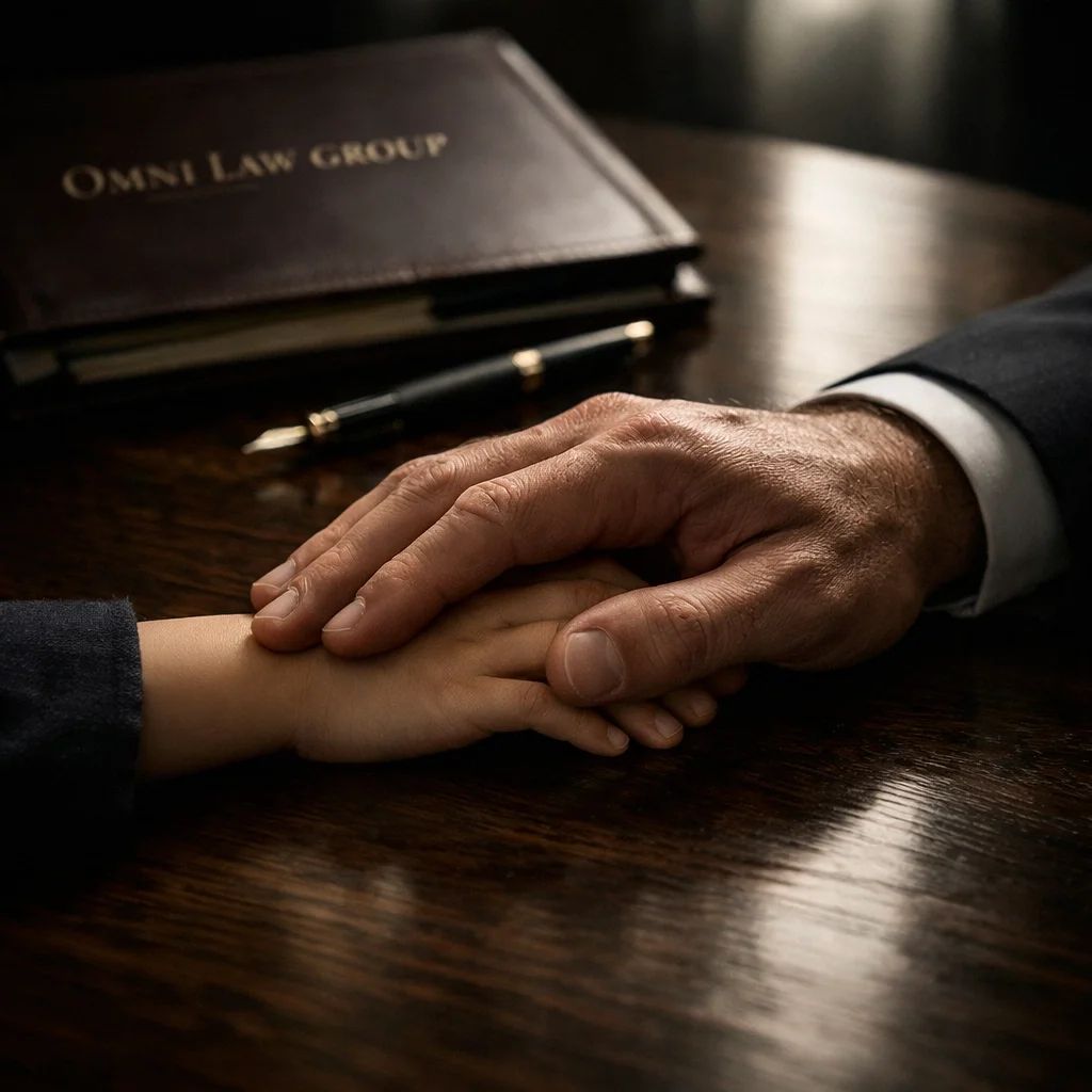 Father and child hands together during a family law consultation for child custody in Brampton.