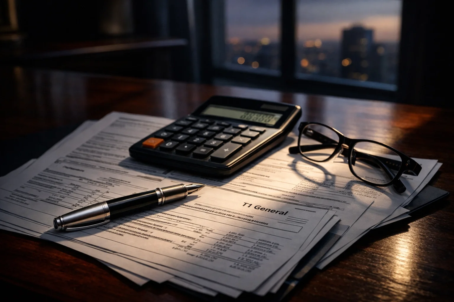 Financial ledgers and tax forms on a desk for a Brampton Family Lawyer auditing self-employed child support income.