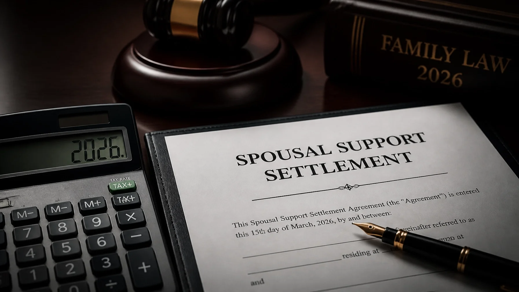 A calculator showing '2026' next to a 'Spousal Support Settlement' agreement and a 'Family Law 2026' book.