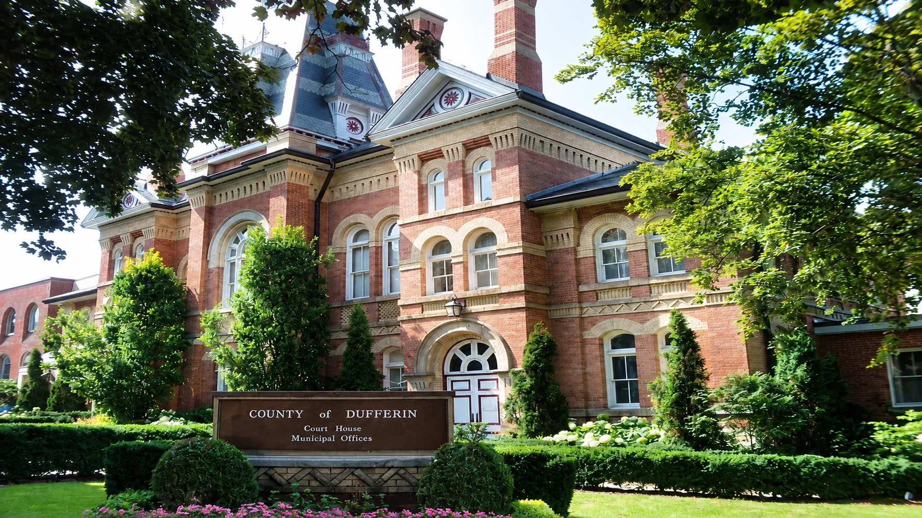 Dufferin County Courthouse and municipal offices in Orangeville, Ontario, in summer
