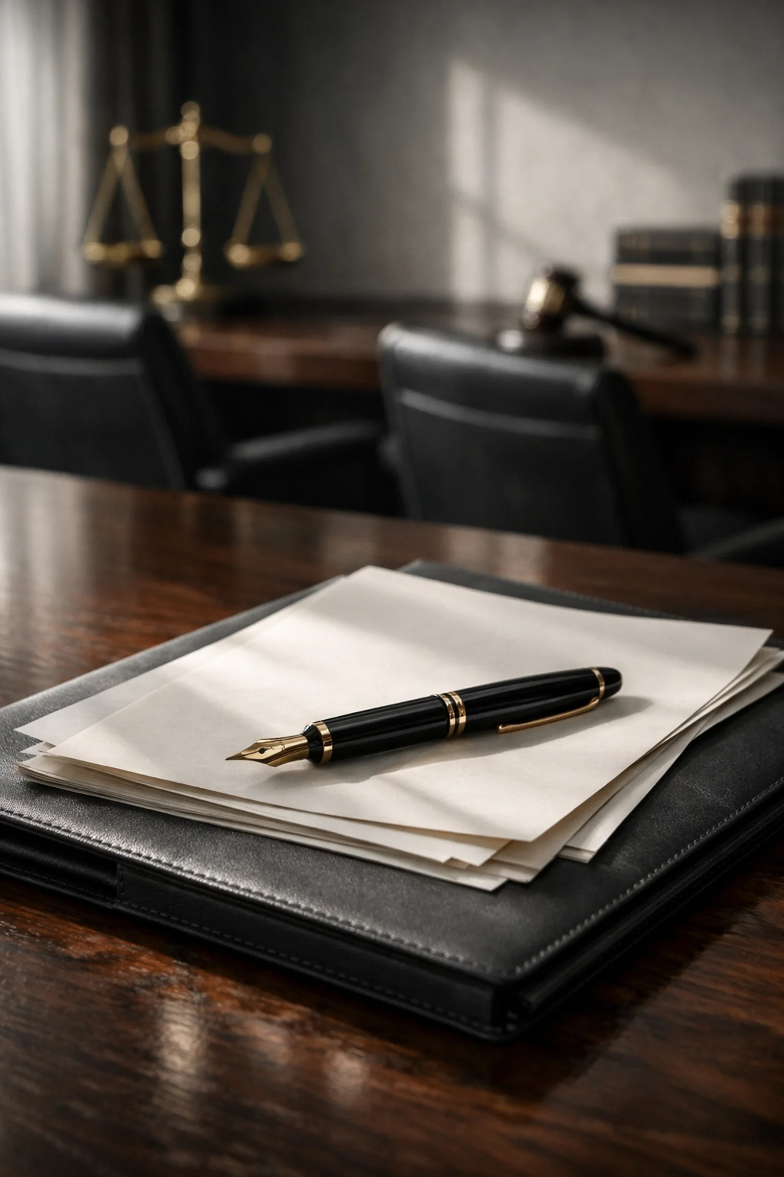 Legal documents and a fountain pen on a desk, representing FRO enforcement and independent legal advice in Brampton.