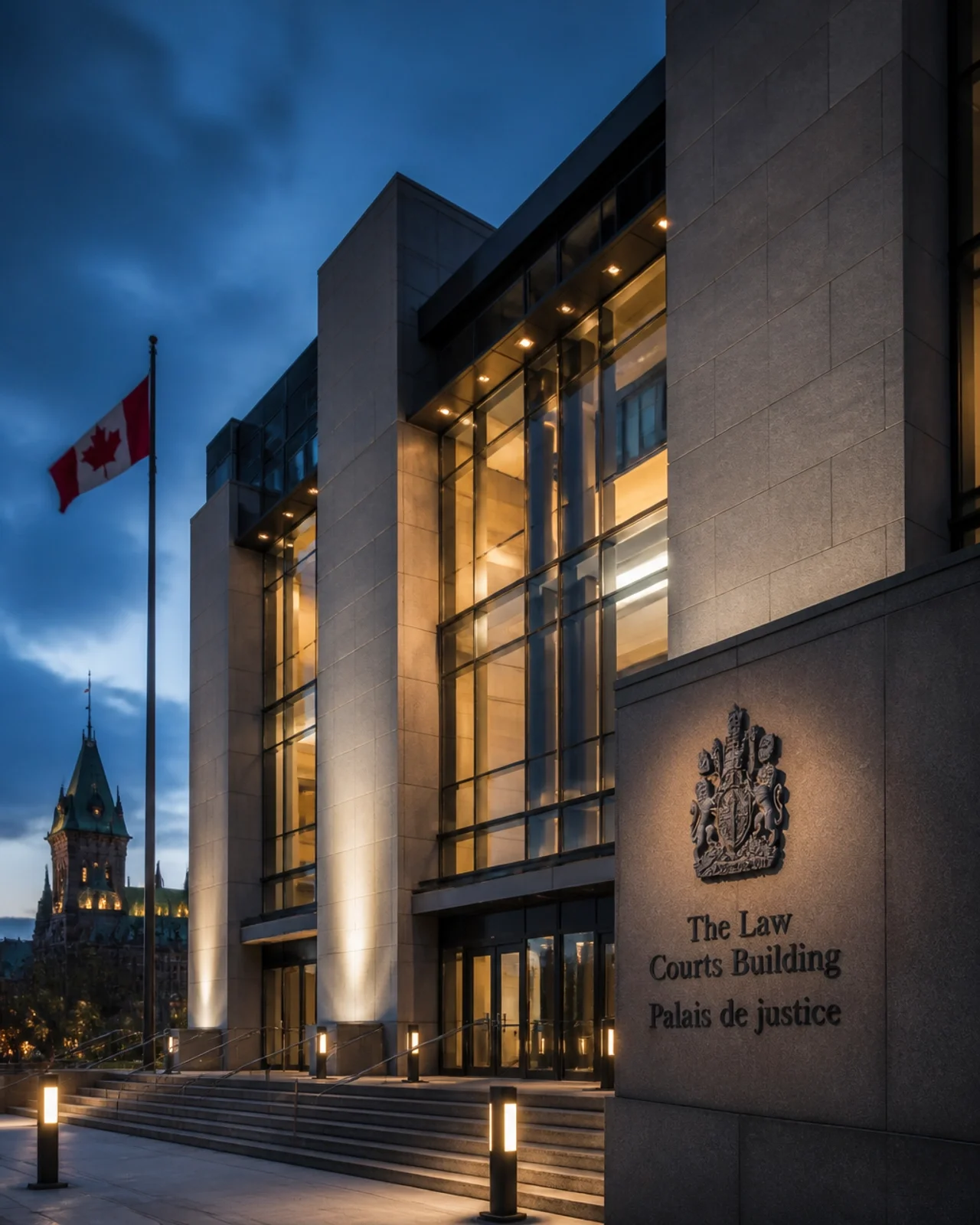 Exterior view of the A. Grenville and William Davis Ontario Court of Justice in Brampton at dusk, where family and criminal matters are heard.