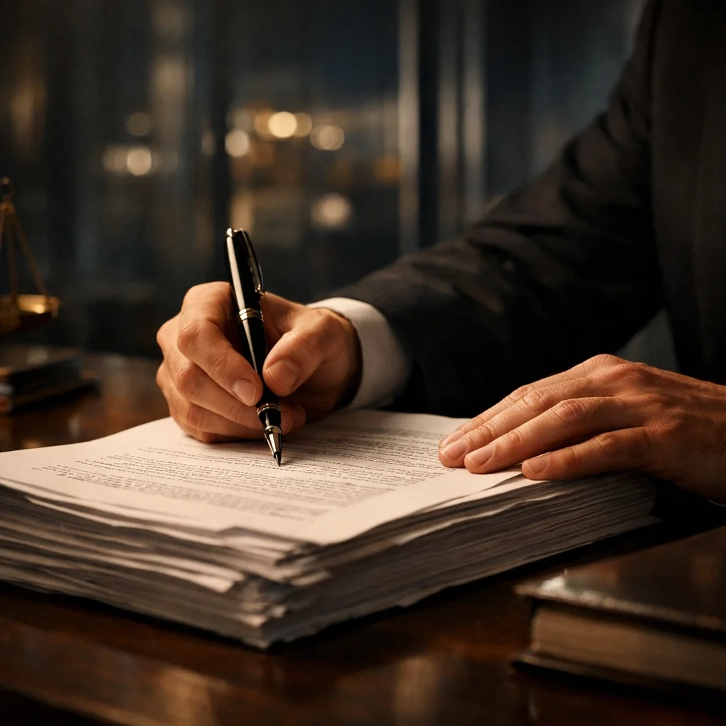 Experienced family law lawyer in Brampton organizing legal paperwork for a Hague-compliant divorce service to New Delhi, India.