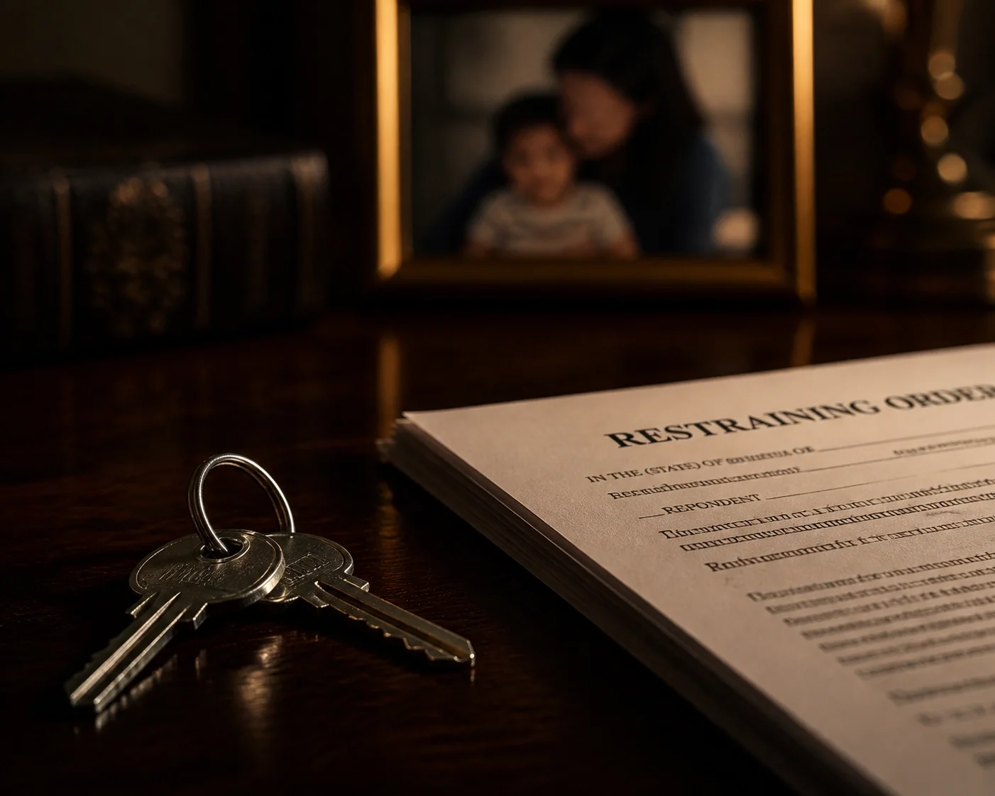 A set of house keys resting on top of official court documents, symbolizing the conflict between bail "no go" orders and parenting time.