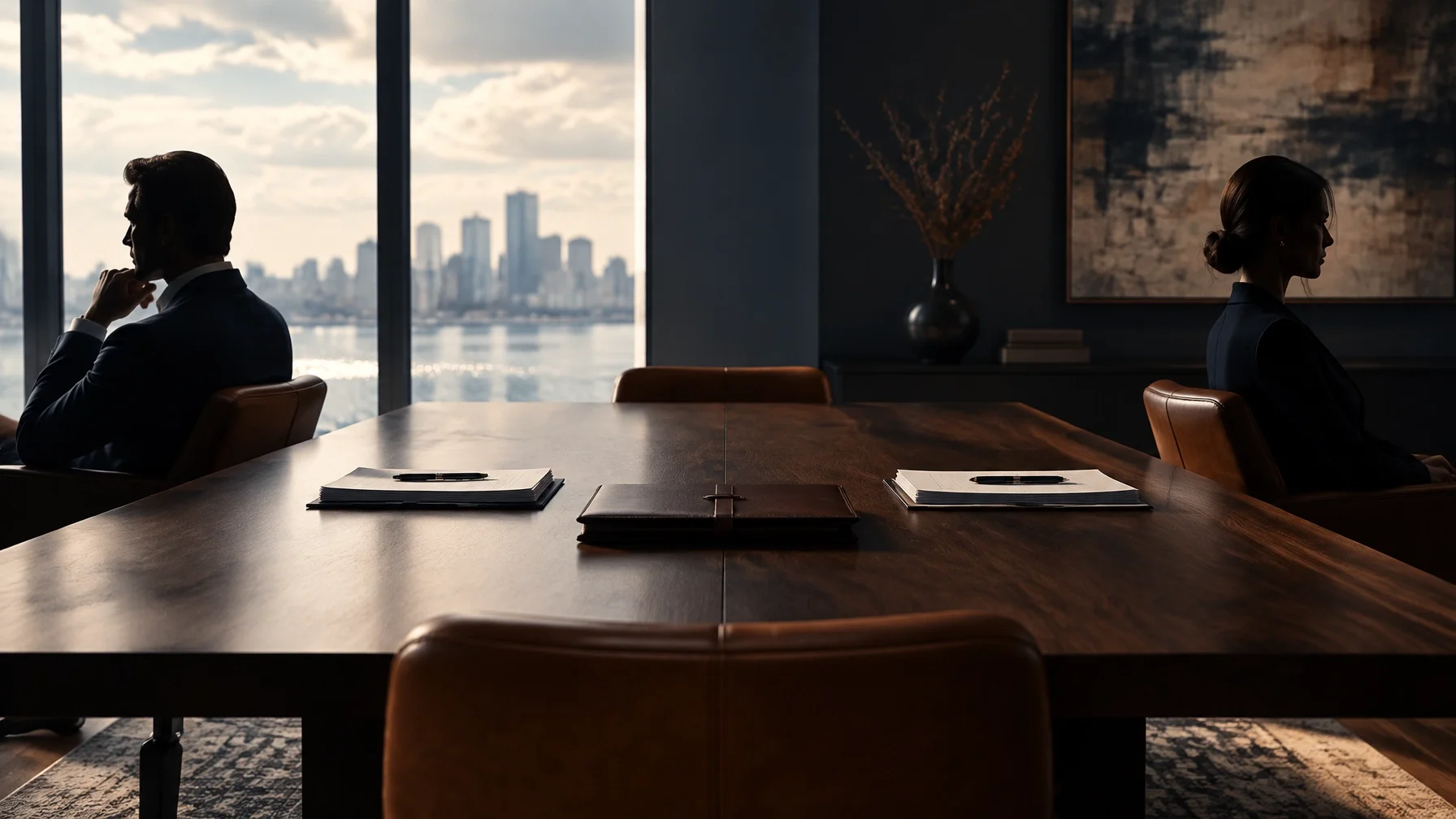 Two spouses seated across a table reviewing financial documents during a high-net-worth divorce consultation in Orangeville, Ontario
