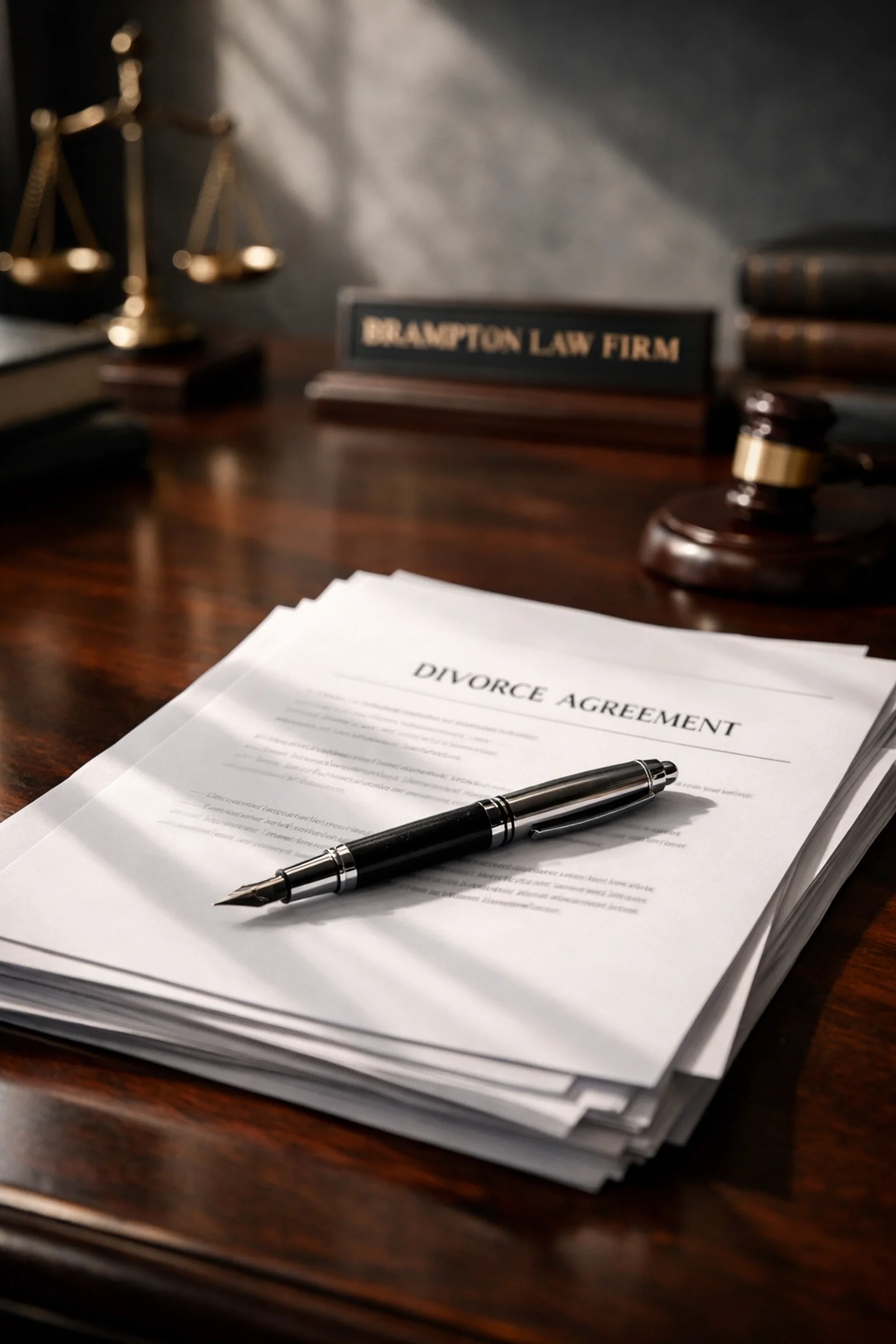 Legal forms for an uncontested divorce on a desk in Brampton, symbolizing a fast-track simple divorce filing