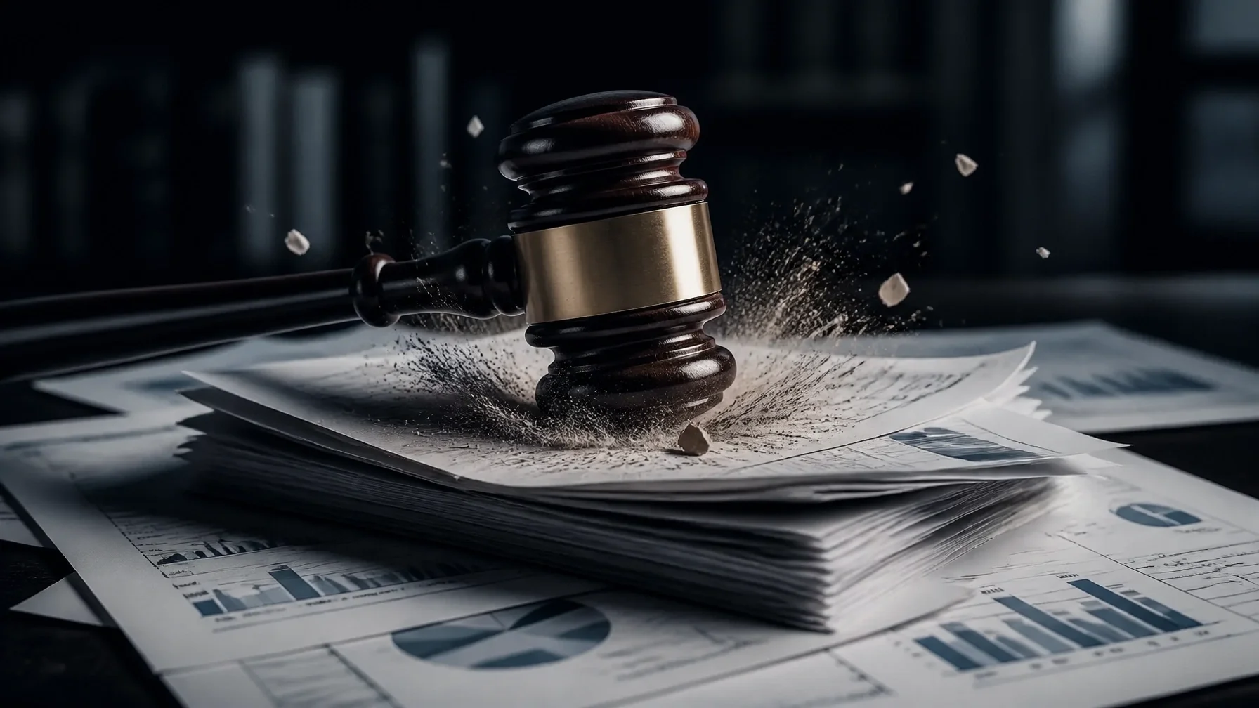 Heavy wooden gavel striking financial documents, representing the legal consequences of non-disclosure.