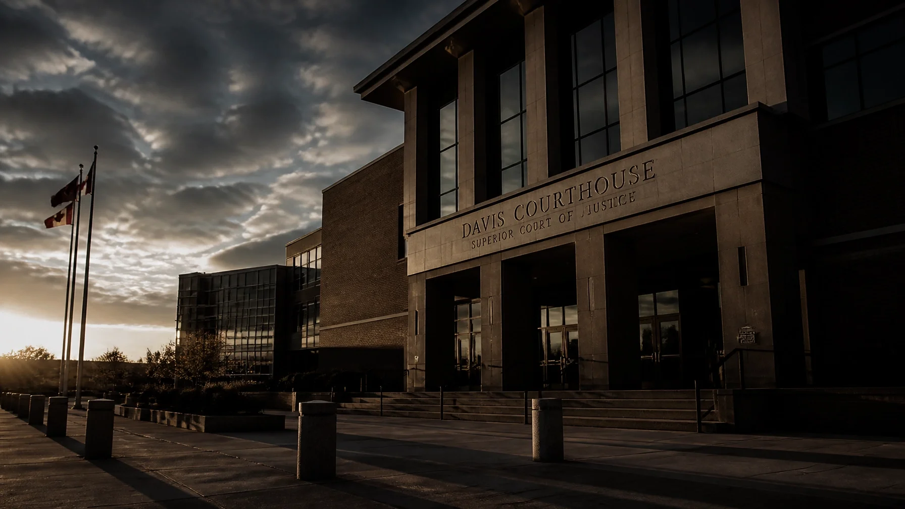 Dramatic sunset view of the A. Grenville and William Davis Courthouse (Superior Court of Justice) in Brampton.