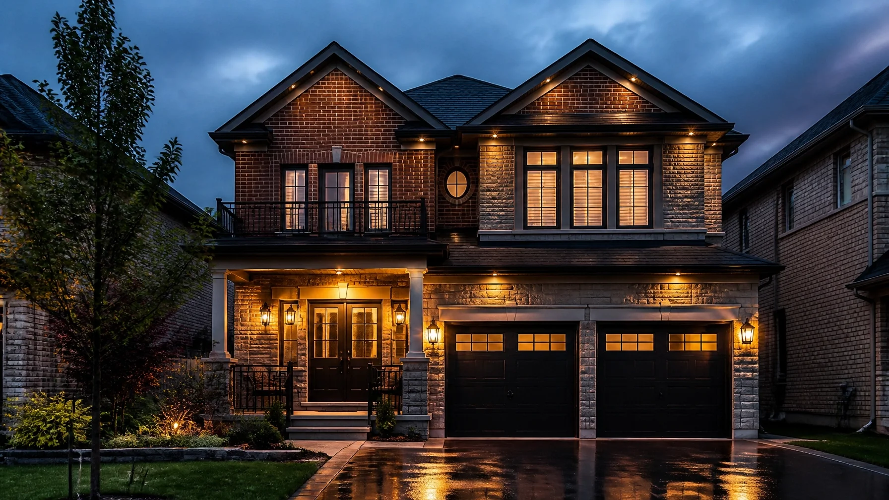 A modern residential home in Brampton at dusk with dramatic lighting, representing the gravity of family law decisions.