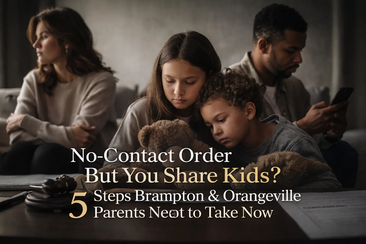 A sophisticated, moody photographic shot representing the intersection of criminal and family law in Brampton, featuring dramatic natural lighting and muted colors