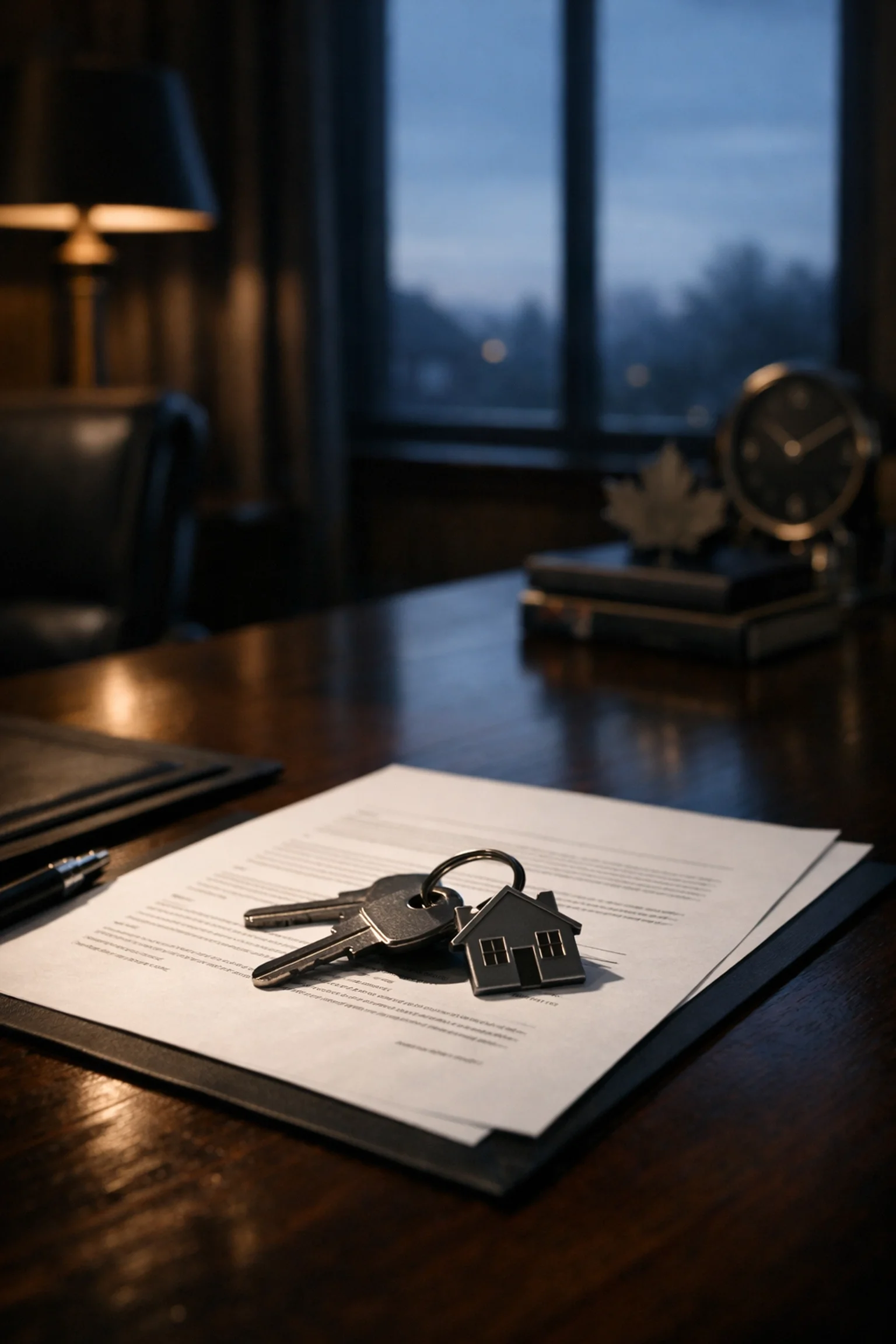 Legal divorce documents and keys on a desk at a Brampton family law office for an international filing.