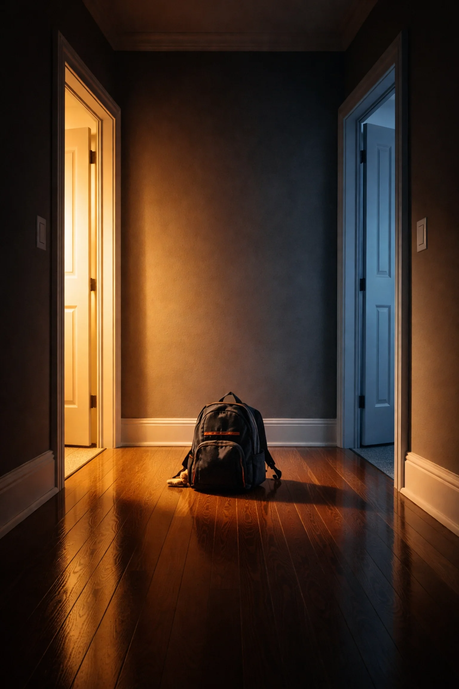 Two doorways with a child's backpack between, illustrating co-parent separation in Orangeville custody matters.