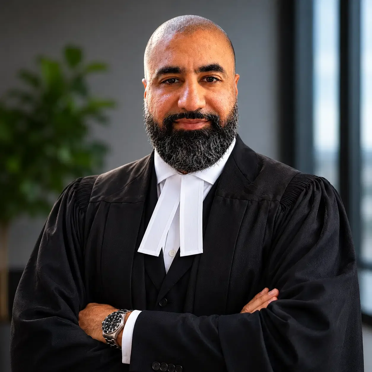 Rahul Kaushal Lawyer, wearing a black judicial robe with a white neckband, standing with arms crossed in a modern office setting.